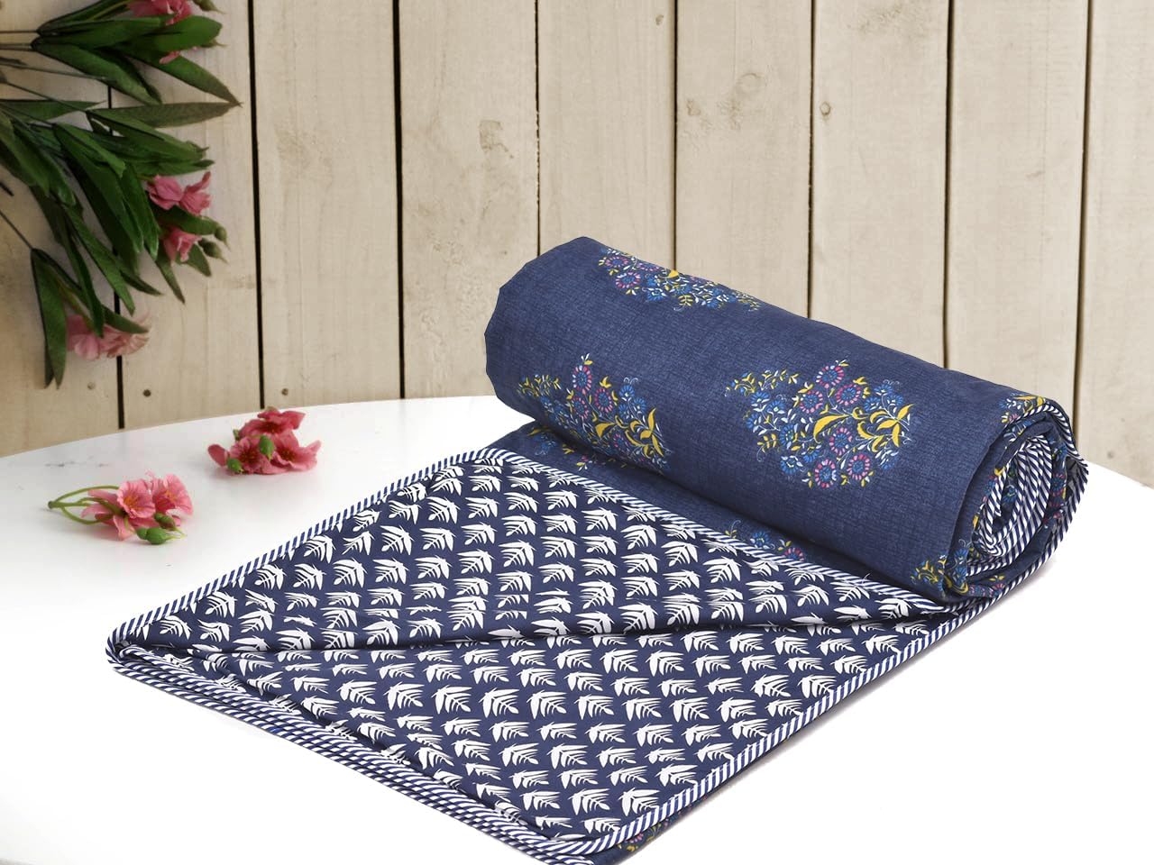 COZY FURNISH Super Soft Brushed Microfiber Cotton 3 Layer Breathable Double Dohar Lightweight Bed Dohar 84X96(Inches) 213X243(CM) Flannel Dohar Throws for Bed, Blue Cricle