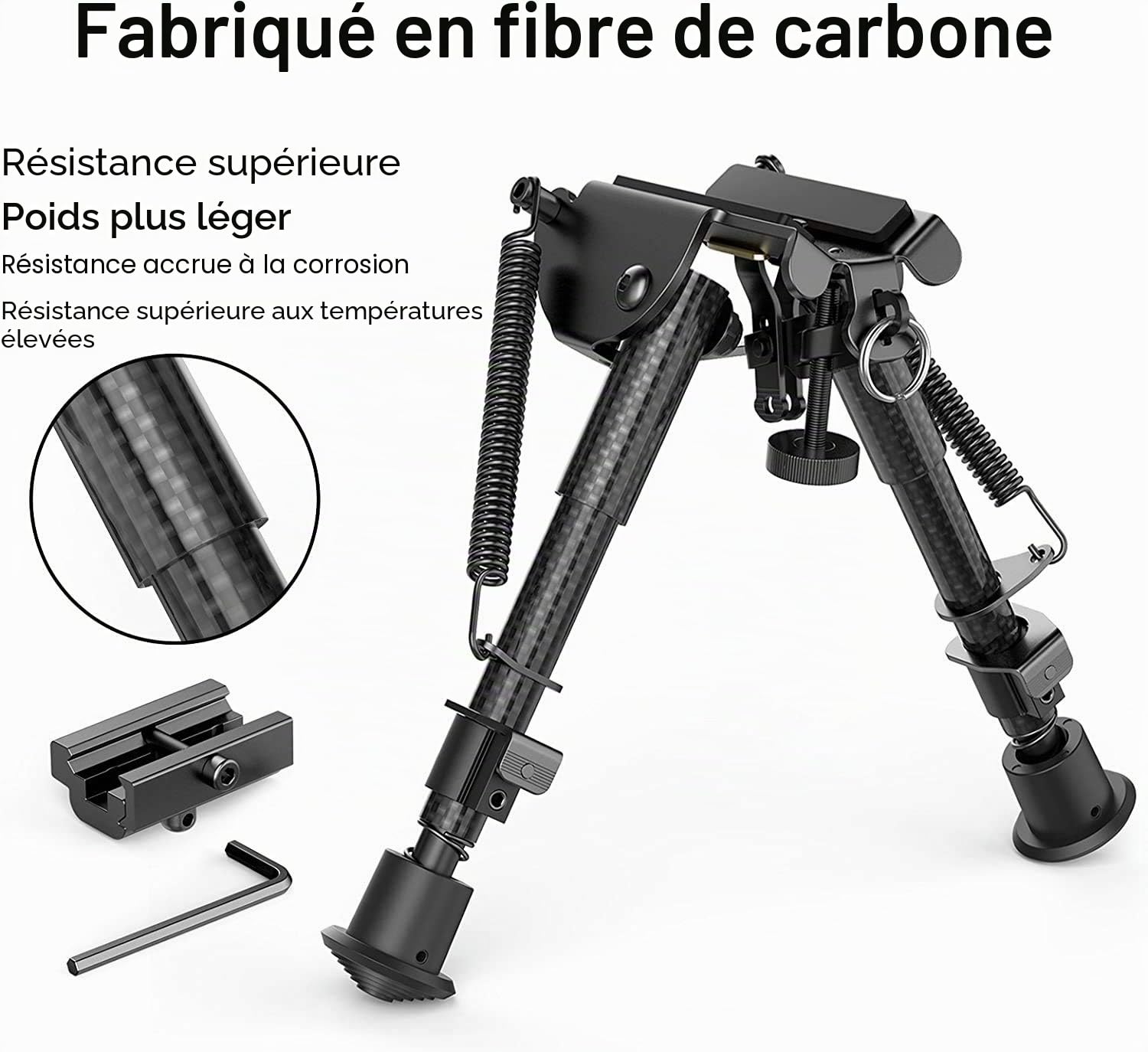 Fusil Feyachi bipied Fibre de Carbone 6"- 9" Extensible avec Adaptateur Picatinny, bipied Carbone pour la Chasse