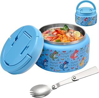 BABHAMNESS 13.5oz Soup Thermo for Hot Food Kids Insulated Vacuum Food Jar with Buckle Lid,Wide Mouth Leakproof Stainless Steel Lunch Container with Spoon-Dinosaur
