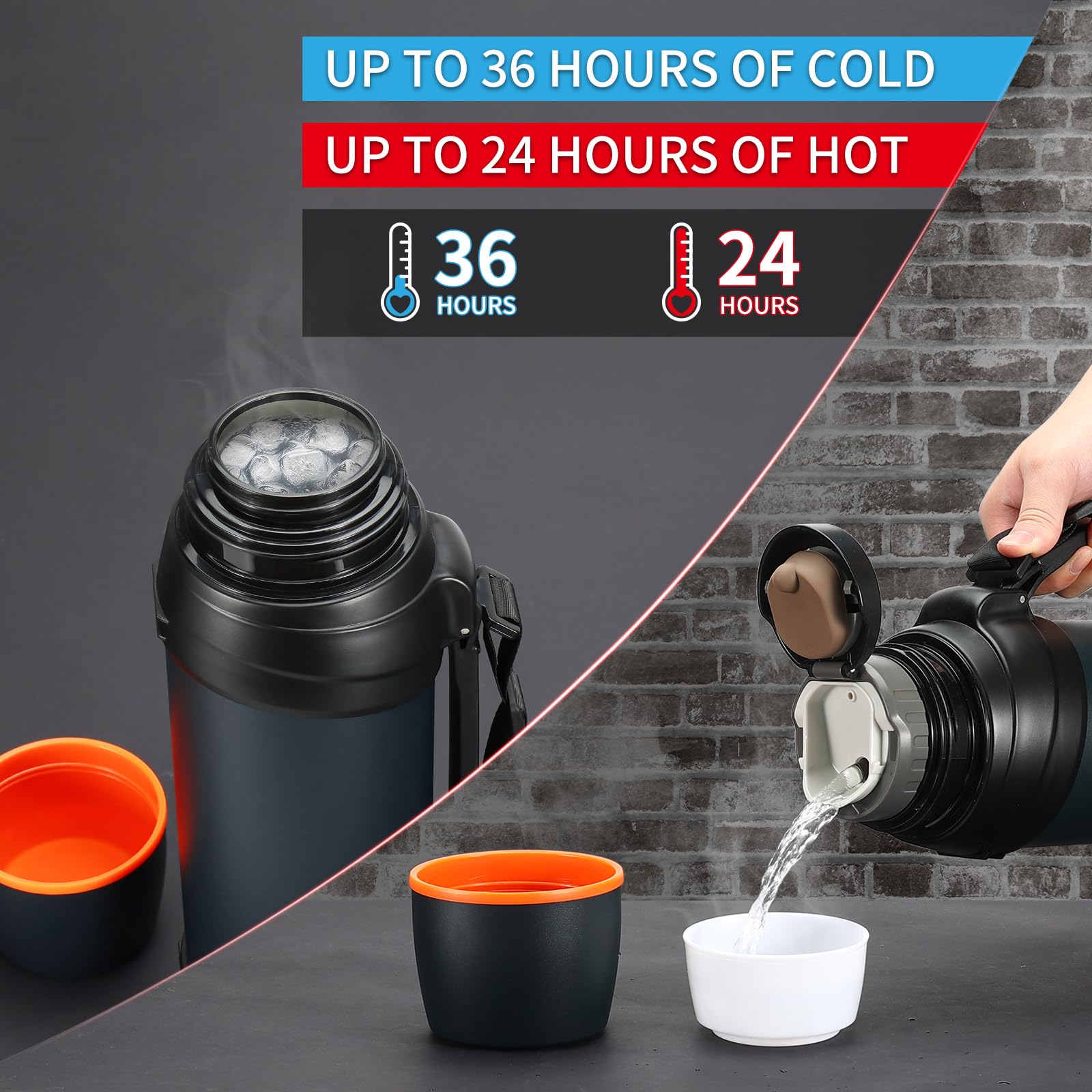 Termo de 2,0 l, termo de acero inoxidable, termo con 2 vasos, aislamiento de doble pared, botella de agua para camping, 24 horas caliente y fría (azul oscuro) | Termo de acero inoxidable con vaso de plástico sin BPA, seguro, duradero, para viajes, senderi