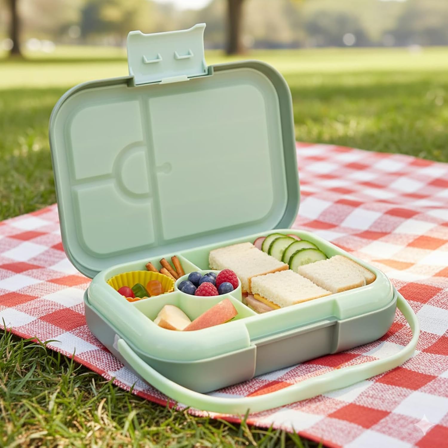 Bento Midi Lunch Box with carrying handle – 4 No-Mix Compartments | Microwave & Dishwasher Safe,Removable Tray | 900ML OZ (Green Olive)