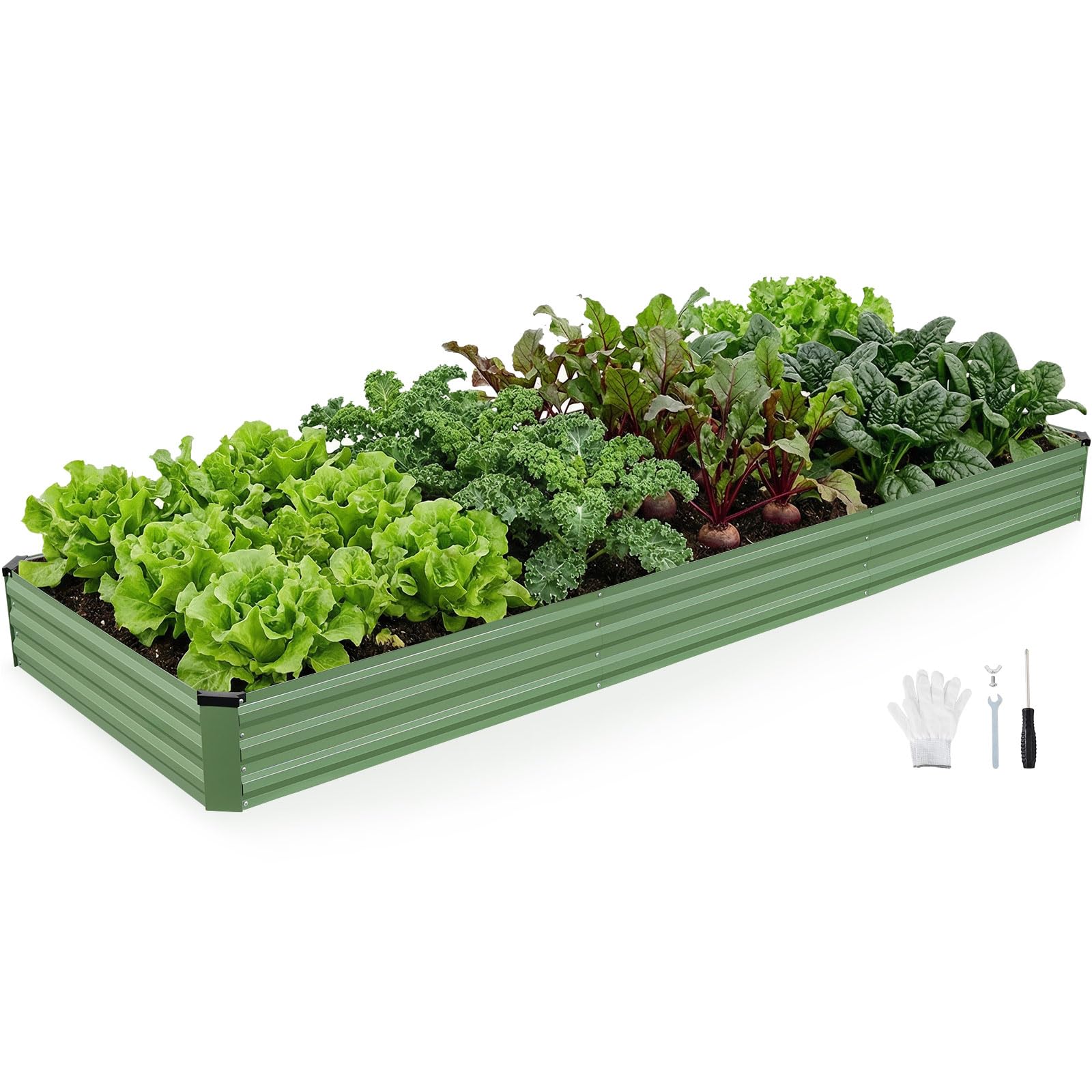 INNO STAGE Kit per aiuola rialzata da giardino zincata, 3,7 x 1,2 x 0,3 m, in metallo, rialzata in acciaio, con guanti, per verdure e fiori, fioriera da terrazzo (verde oliva, 1 pezzo)