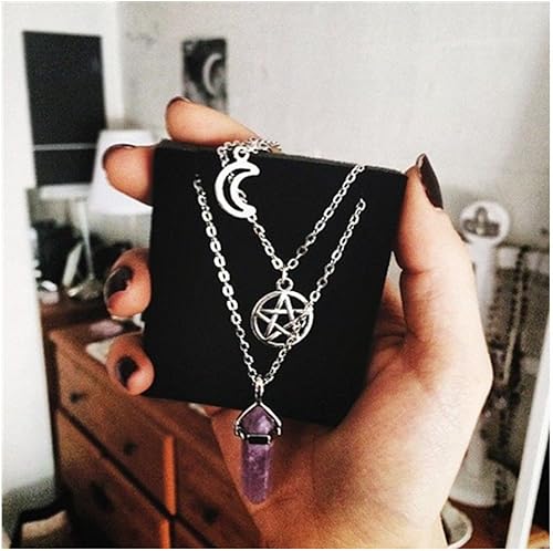 Miniatura 5 de MJartoria Collar de pentagrama de luna collar de chakra de cristal colgante con dije cadena de aleación multicapa conjunto de gargantilla joyería