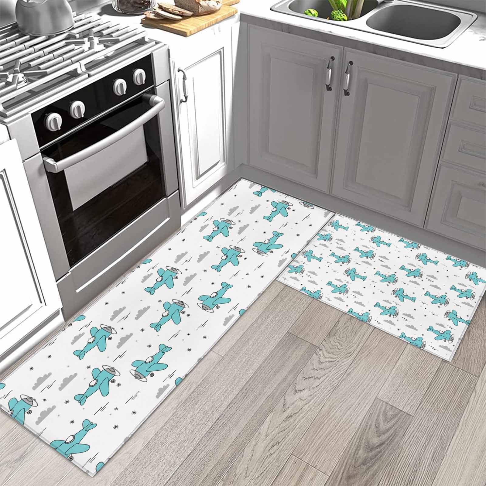 Kitchen Runner Rug, Abstract Blue Aircraft Grey Clouds Non Slip Runner Carpet Door Mats Floor Mat for Laundry Bedside Bathroom Bedroom Set of 2 Modern Art