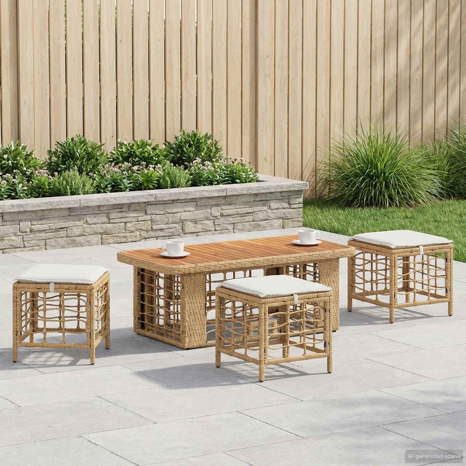 Juego de comedor de jardín con mesa regulable en altura (4 piezas) | Moderno juego de balcón de madera de acacia engrasada y polirratán para terraza y jardín, incluye cómodos cojines de asiento.