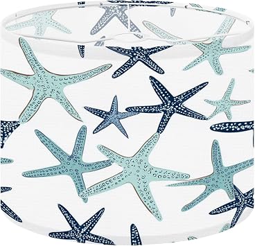 Drum Lamp Shades Coastal nautical starfish repeat Navy blue turquoise white Lampshade for Floor Lamps Table Lamp Pendant Light Linen 11"x11"x9" Replacement Large Lampshades Easy Assembly