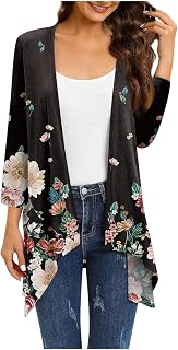 WANZZXCSL Open Front Cardigan for Women Polyester Tunic Ruffle Soft Relaxed Fit Floral Collarless Active Three Quarter Sleeve Spring Leisure Cardigan Womens