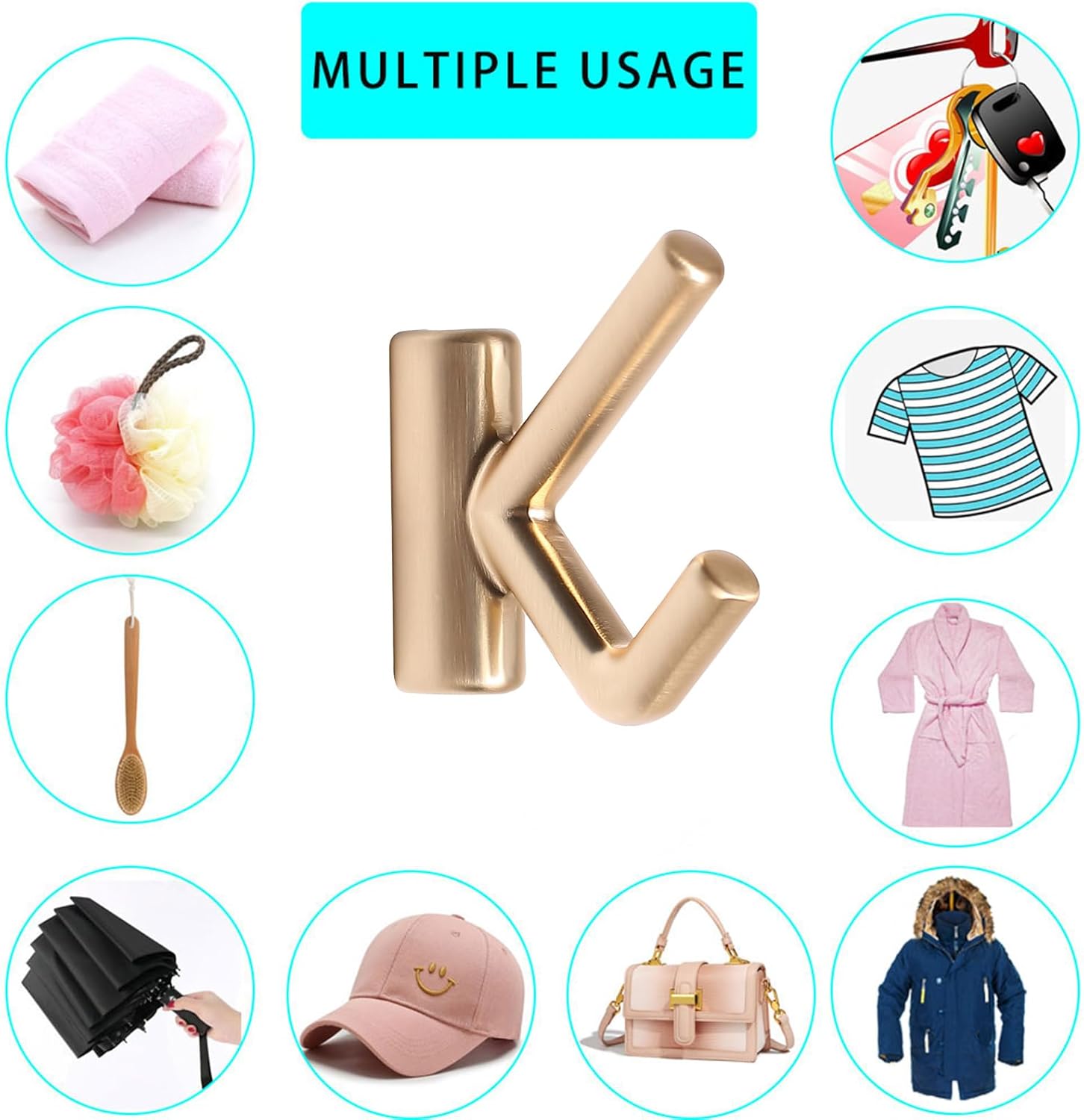 Brushed Gold Bathroom Hand Towel Wall Hooks, Coats Robes Loofah Hats Purses Clothes Small Hook for Bathroom Kitchen Hotel Pool Mudroom Garage Wall Mounted (4, Brushed Gold)