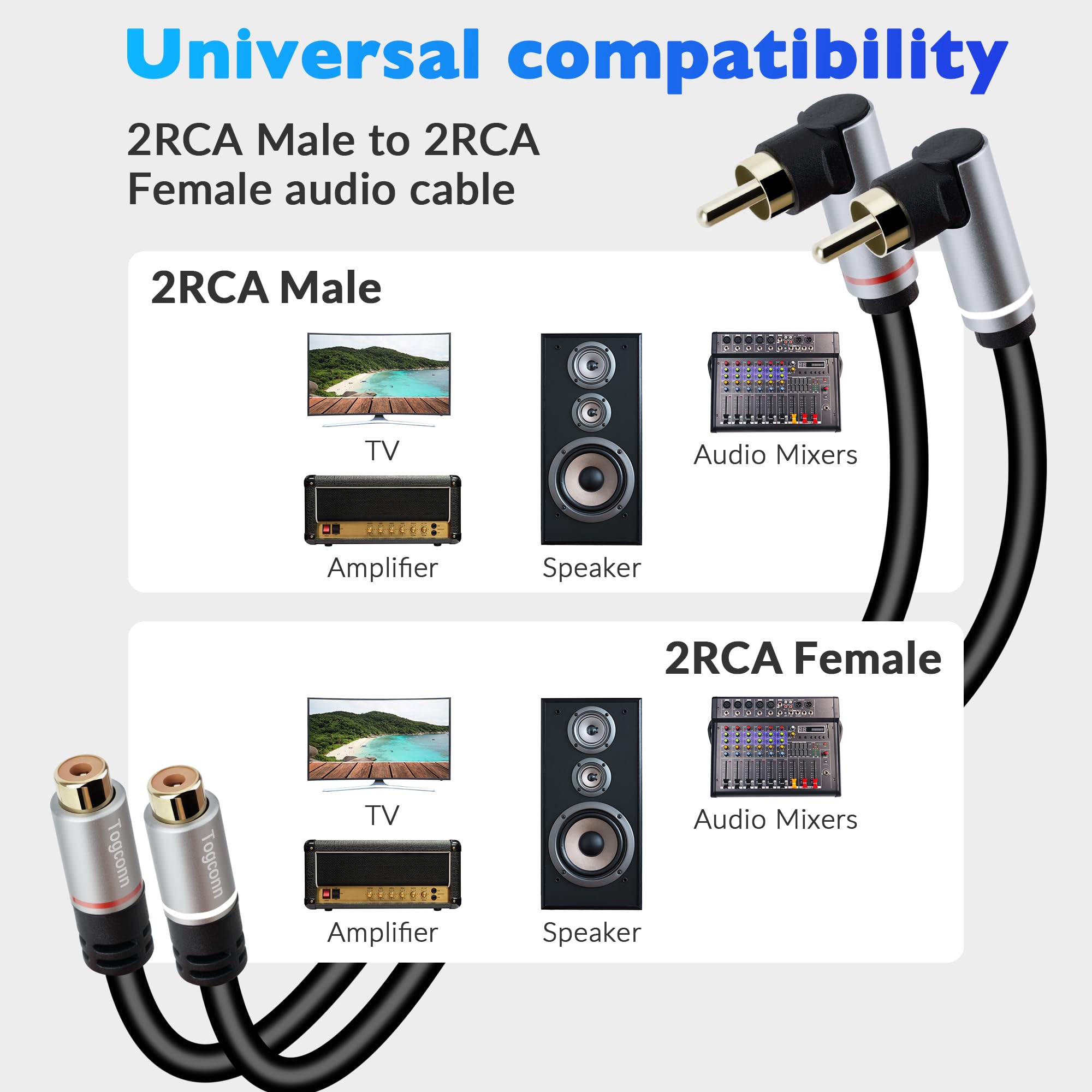 Przedłużacz RCA (2 sztuki), 2 RCA męski na 2 RCA żeński kabel audio stereo adapter 24-karatowym złotem wtyczka podwójny przedłużacz RCA (1 stopa)