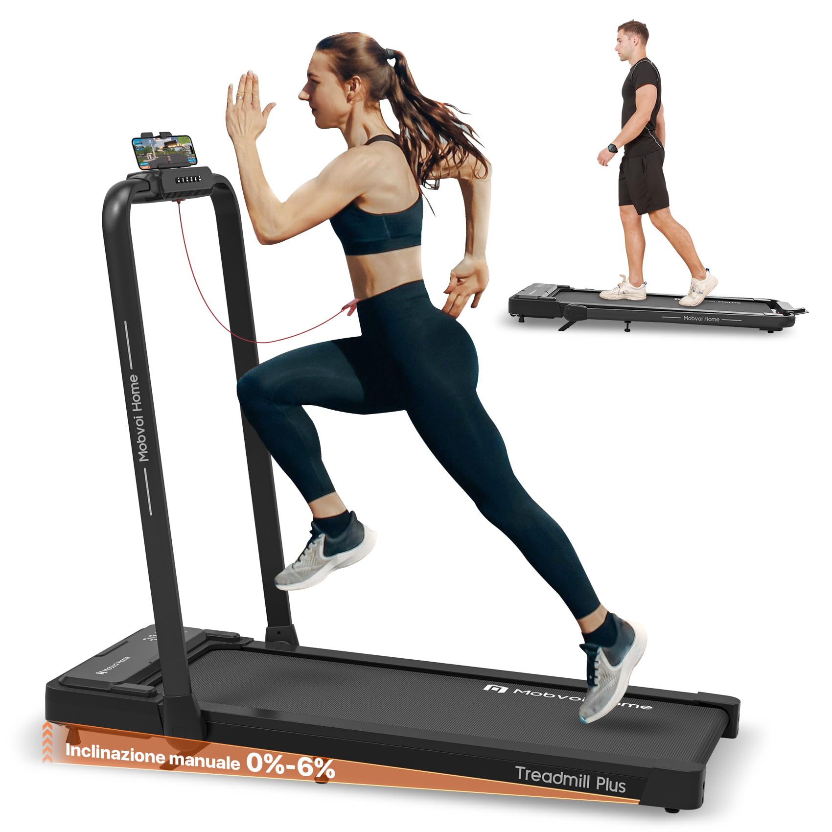 Mobvoi Home Treadmill Plus Tapis roulant AI Intelligente pieghevole 3 in 1 Tappetino da passeggio 1-12 km/h Walking Pad Compatto sotto la scrivania Corsa per casa e ufficio TicSports APP 120 kg