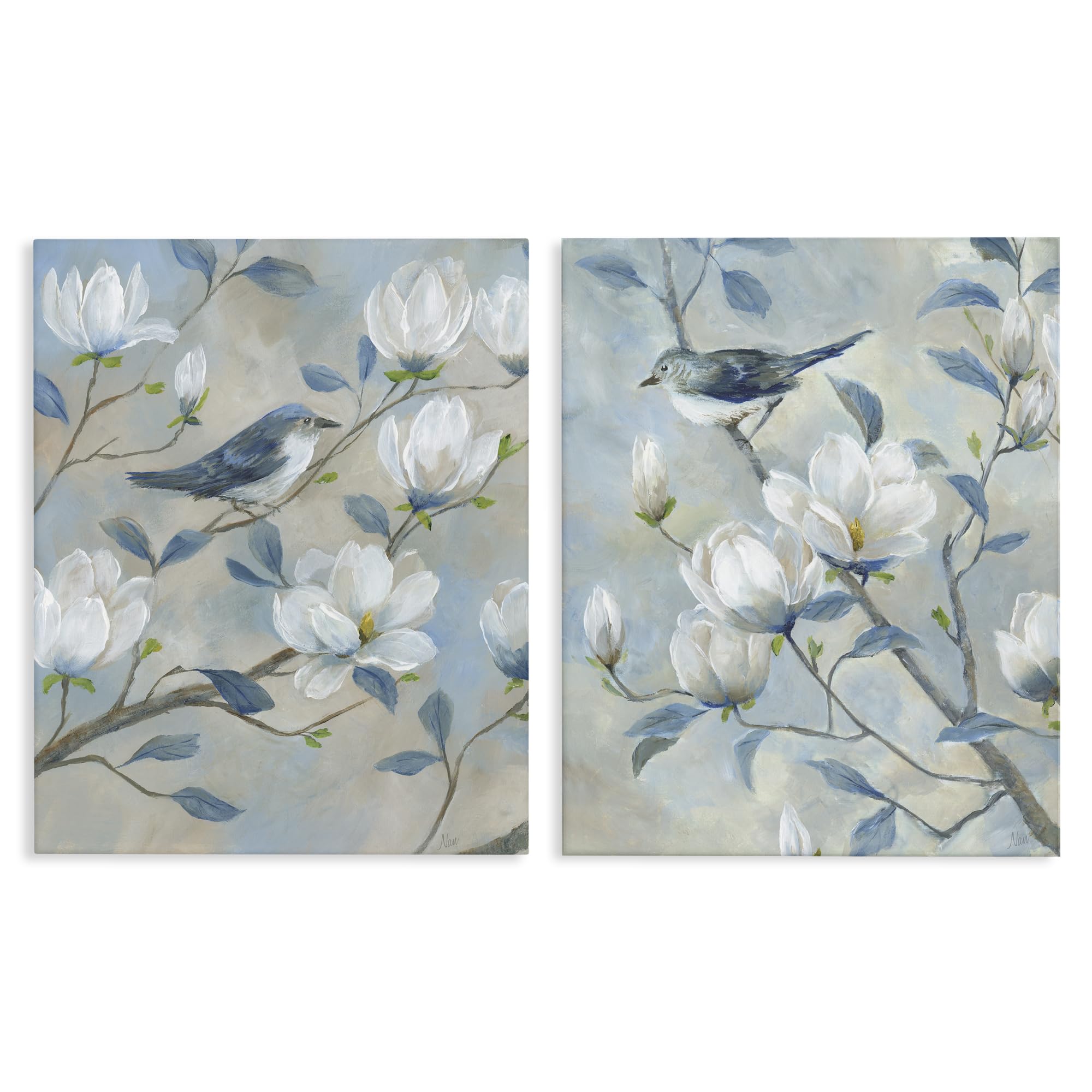 Stupell Industries 'Blue Birds in Magnolia Tree', 2pc Canvas Art Set 2, 16 x 20 Inches, Easy to Hang and Sturdy, Made in USA, by Nan