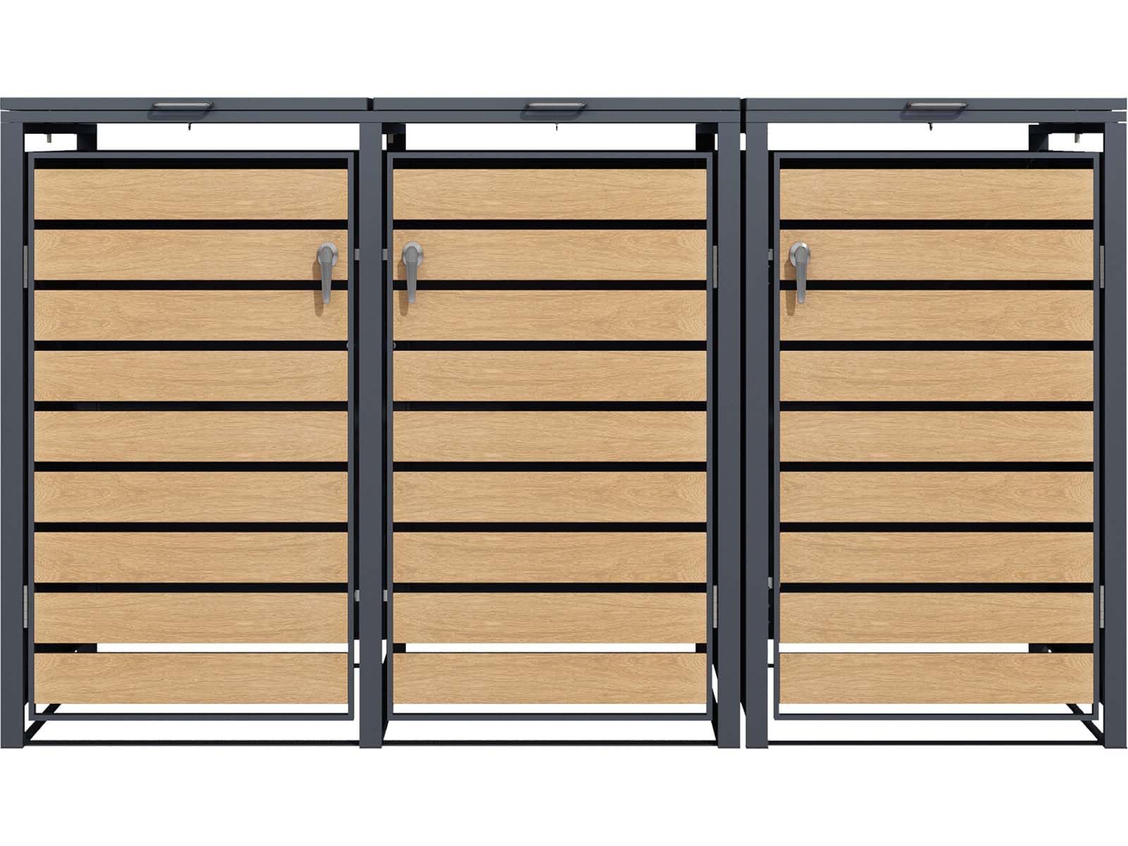 SCHARTEC® Mülltonnenbox 3er anthrazit mit Holz-Design erweiterbar 240l Mülltonnenverkleidung Mülltonnen Sichtschutz Unterstand