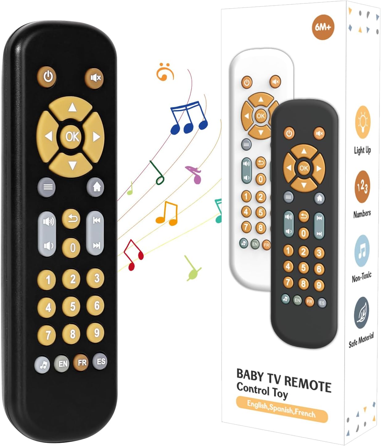 Orzbow Baby Remote Control Toy for 6 Months+ with Music, TV Remote Toy with Realistic Light and Sound - English, French and Spanish for Infant Play - BPA Free, Black