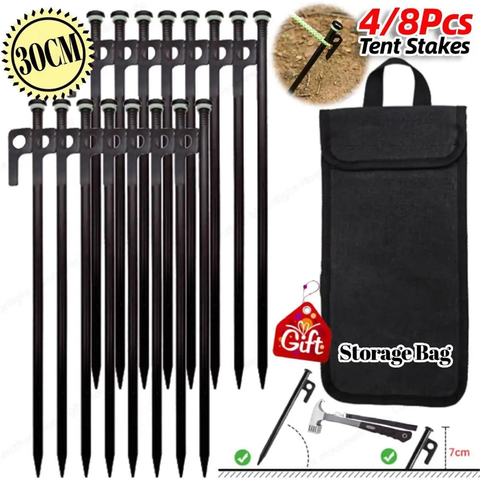 Piquetas Camping 4/8Pcs Tent Stakes Forged Steel Pegs Ground 30cm Camping Spikes with Storage Bag for Outdoor(8PCS)
