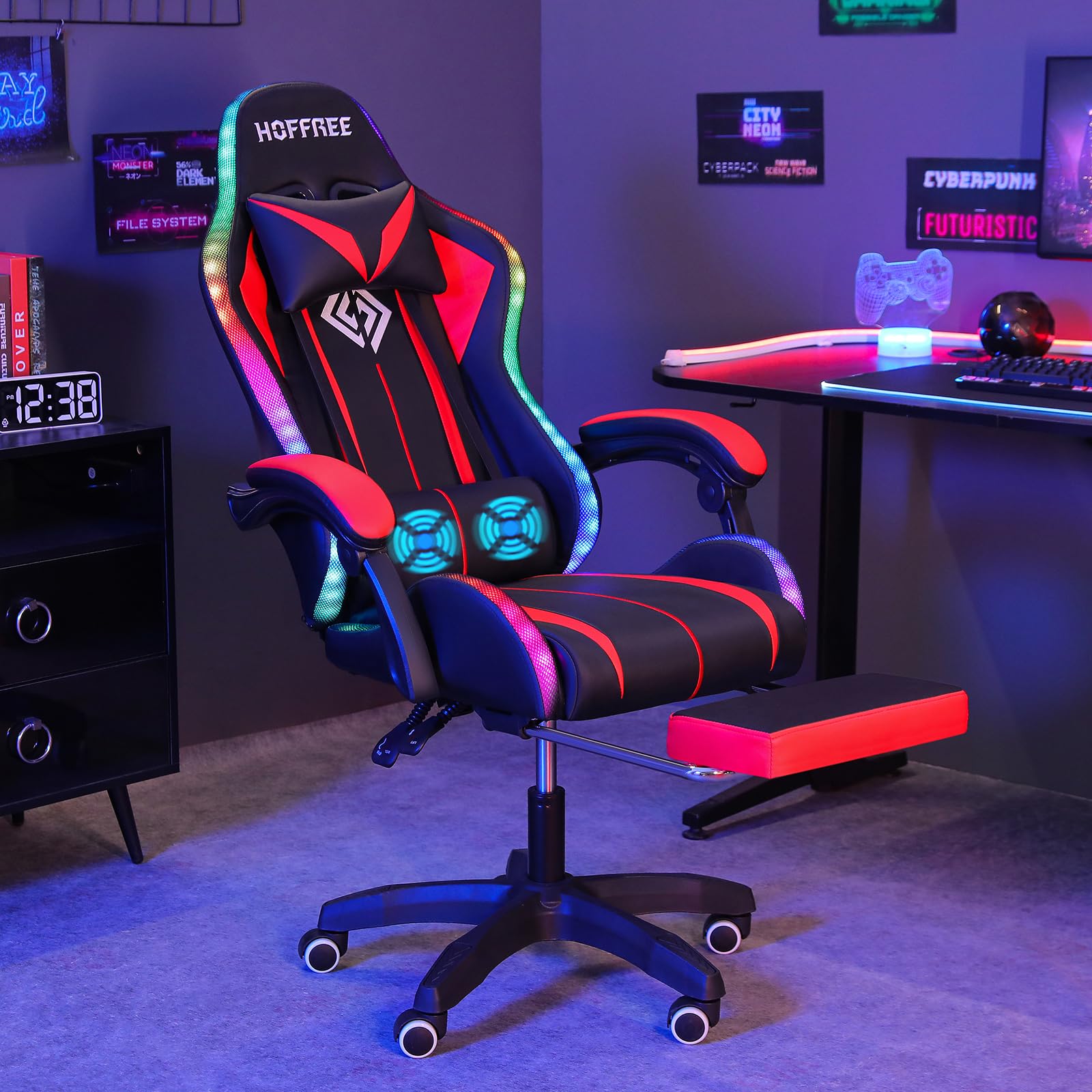 Gaming Chair Massage with LED RGB Lights and Footrest Ergonomic Computer Chair High Back Video Game Chair with Adjustable Lumbar Support Linkage Armrest Red and Black