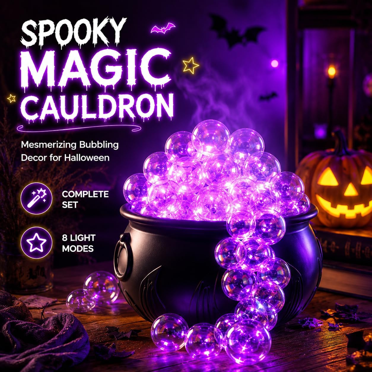 Halloween Cauldron Decor Indoor - Witches Bubbling Cauldron Kit w/ 30 LED Purple Lights, 40 Orbs & Cotton - Vintage Hocus Pocus Theme, Wireless Remote, 8 Light Modes
