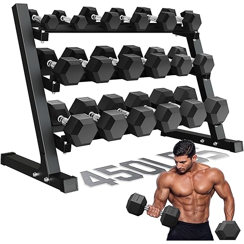 Dumbbell Sets with Rack, Rubber Hex Dumbbells, 160/220/280/360/450/550LBS, Hand Weights with Chrome Handle for Strength Training