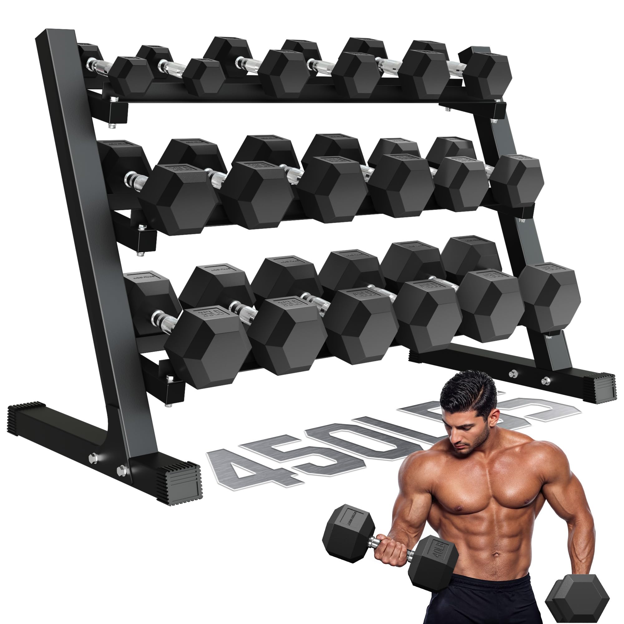 Dumbbell Sets with Rack, Rubber Hex Dumbbells, 160/220/280/360/450/550LBS, Hand Weights with Chrome Handle for Strength Training