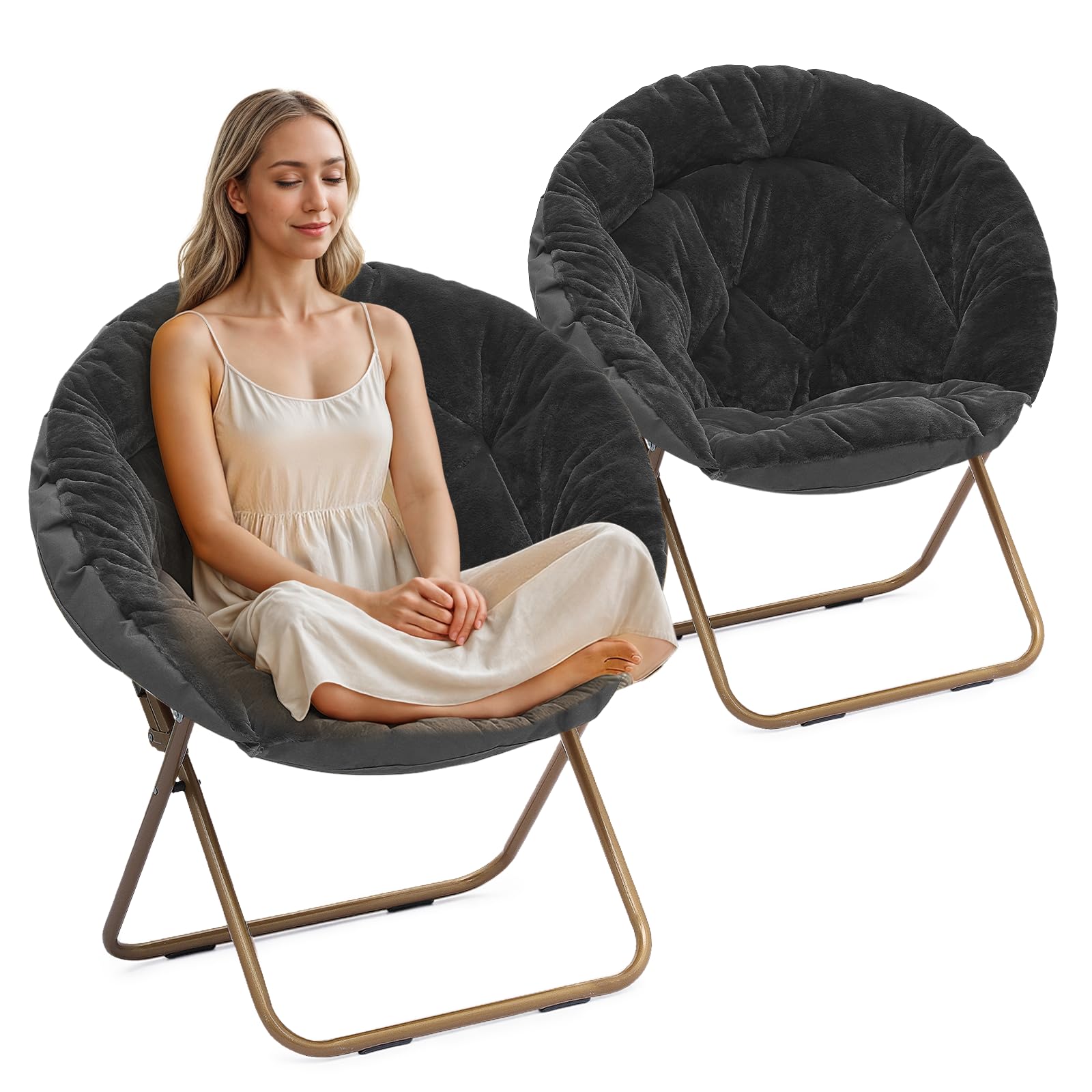 Athena Collection Comfy Saucer Chair Folding Cozy Chair for Bed Room Living Room Accent Chair Faux Fur Reading Chair Foldable Metal Frame Lazy Chair