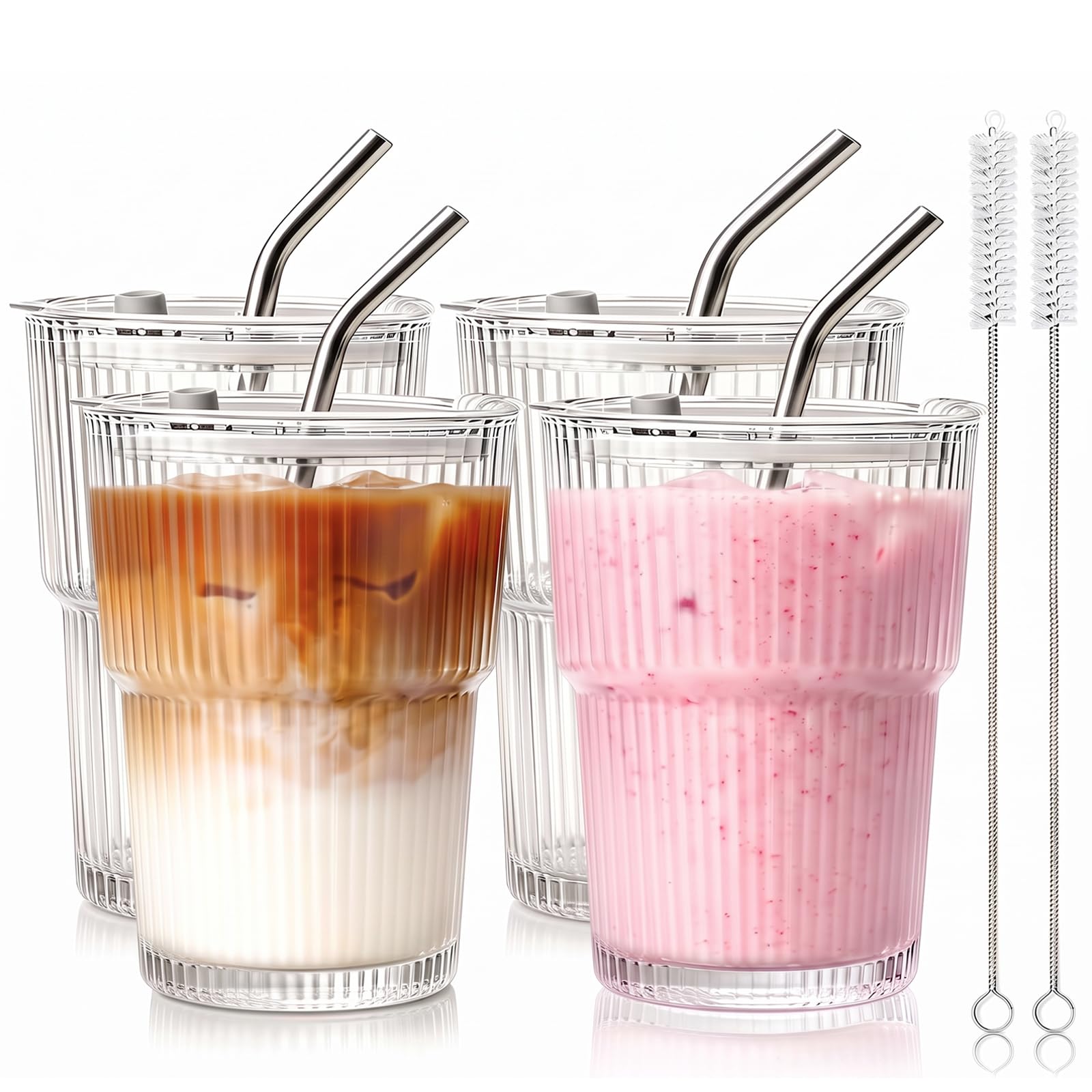 hosck 4 Pack Iced Coffee Cups with Lids, 400ml Clear Glass Tumbler with Straw and Lid, Dishwasher Safe & Leak Proof Drinking Glasses Set, Stylish Ribbed Glass Cups for Coffee Juice Tea Matcha Cocktail