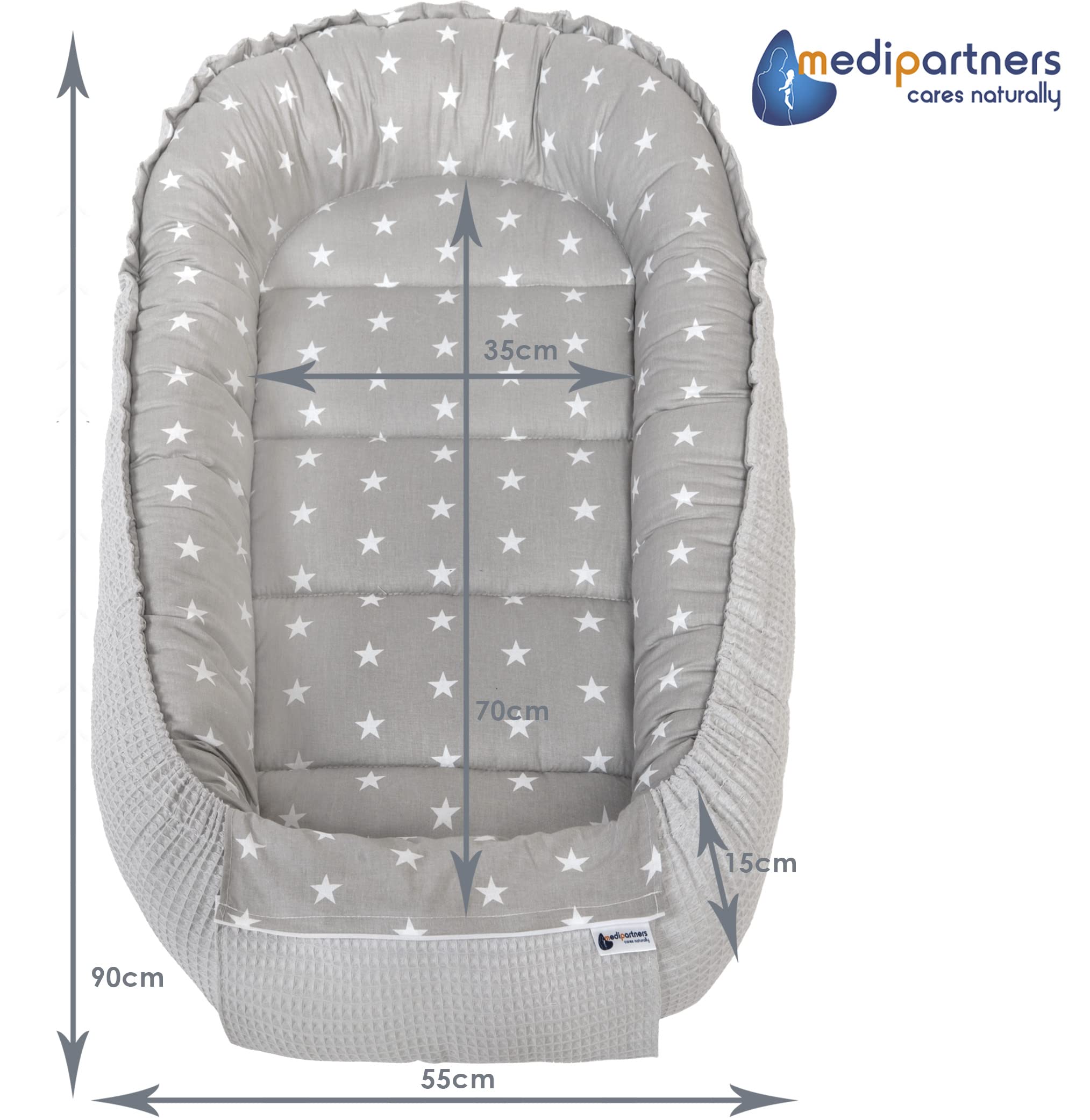 Medi Partners Nido per Neonato 100x60x15cm Baby Nest 100% Cotone Waffle Lettino da viaggio per bambini Multifunzionale Chiusura sicura (Stelle con Waffle grigio)