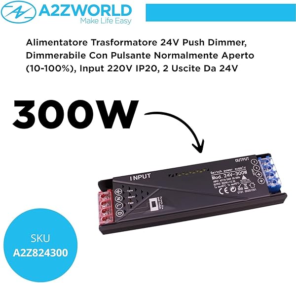 Alimentatore Trasformatore 24V 300W, Dimmerabile con Pulsante NO (10-100%), Memoria e Spegnimento Soft, 2 Uscita Per Striscia Led, Push Dimmer Integrato, Funzione Deviatore e Invertitore, 182×50×25mm - 2