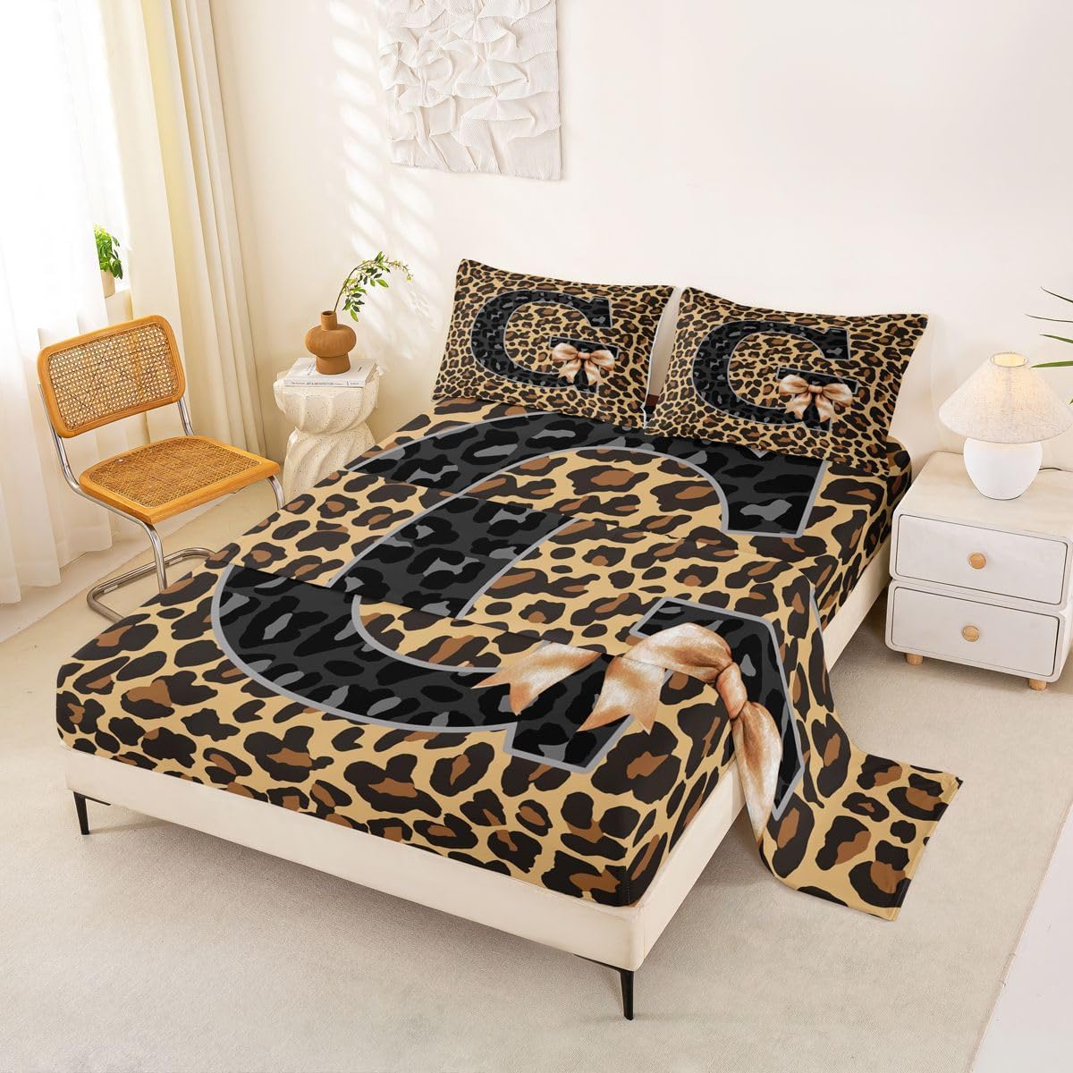 Erosebridal Grey Leopard Print Bow Bed Sheets Set Coquette Aesthetic Letter G Queen Sheet Set for Child Boys | Personalized Name Monogrammed Alphabet Flat Sheet Toddler Balletcore Decor Brown