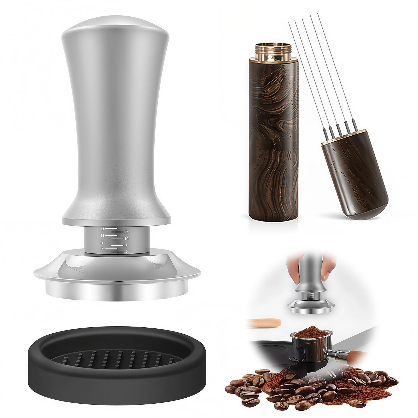 Coffee Tamper 51 mm Coffee Press Tamper, Flat Base Espresso Coffee Tamper, Coffee Tamper Espresso Press Wdt Tool with Espresso Coffee Stirrer for Cafes and Coffee (Metal Silver with Scale, 51mm)