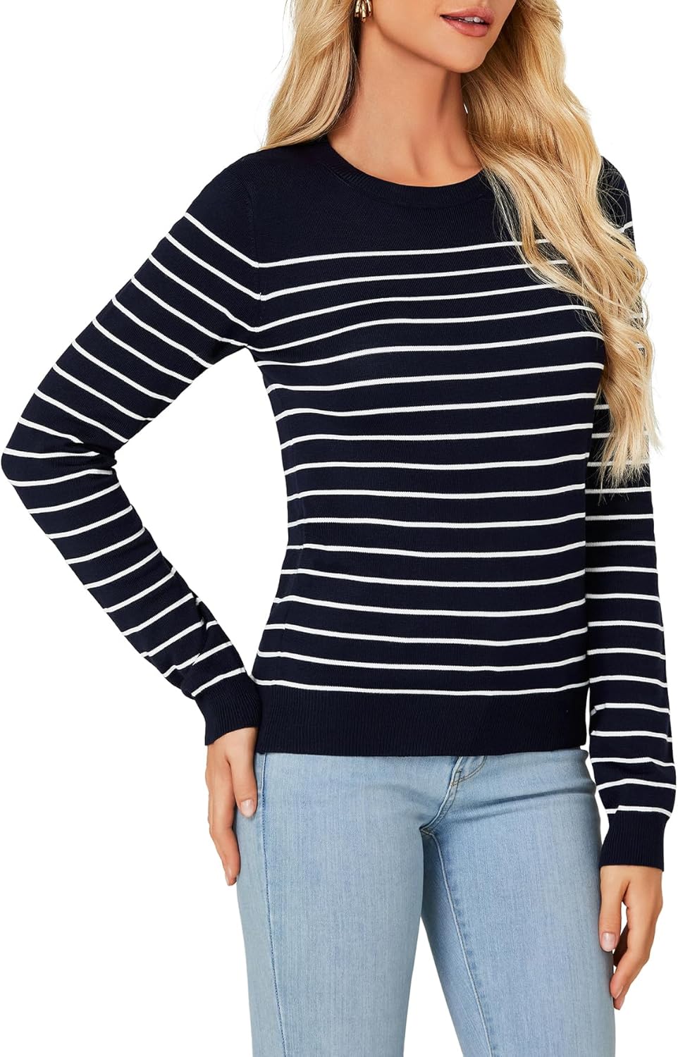 Vrtige Women's Casual Striped Crewneck Long Sleeve Lightweight Ribbed Knit Pullover Sweater Top - Image 4