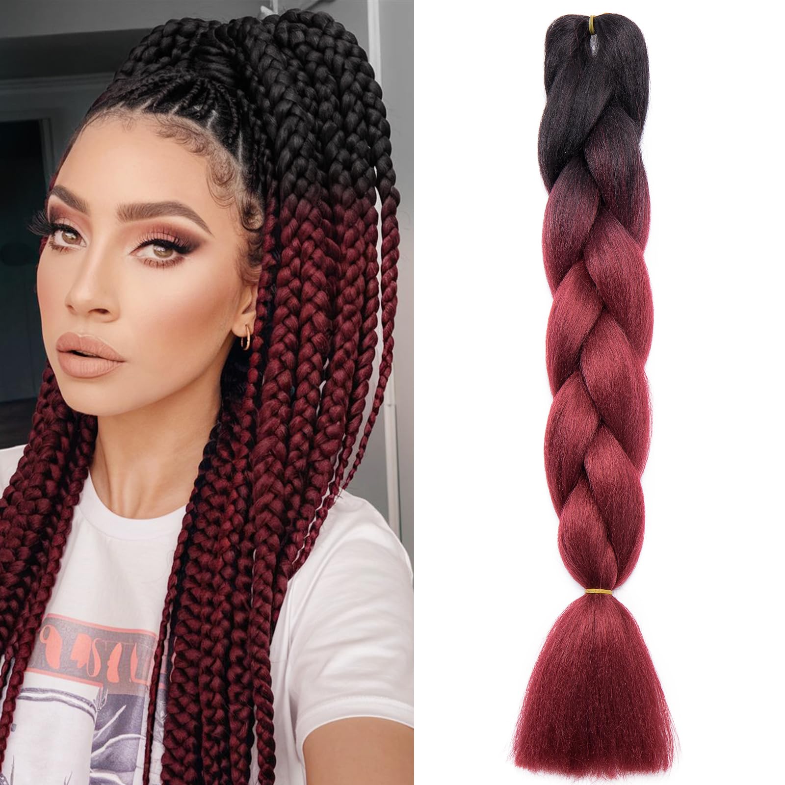 Benehair Braid Extensions 24 Inches Ombre Jumbo Braiding Hair Colorful Synthetic Hair Extensions for Braiding Black/Auburn Hair Extensions for Women(Black/Auburn