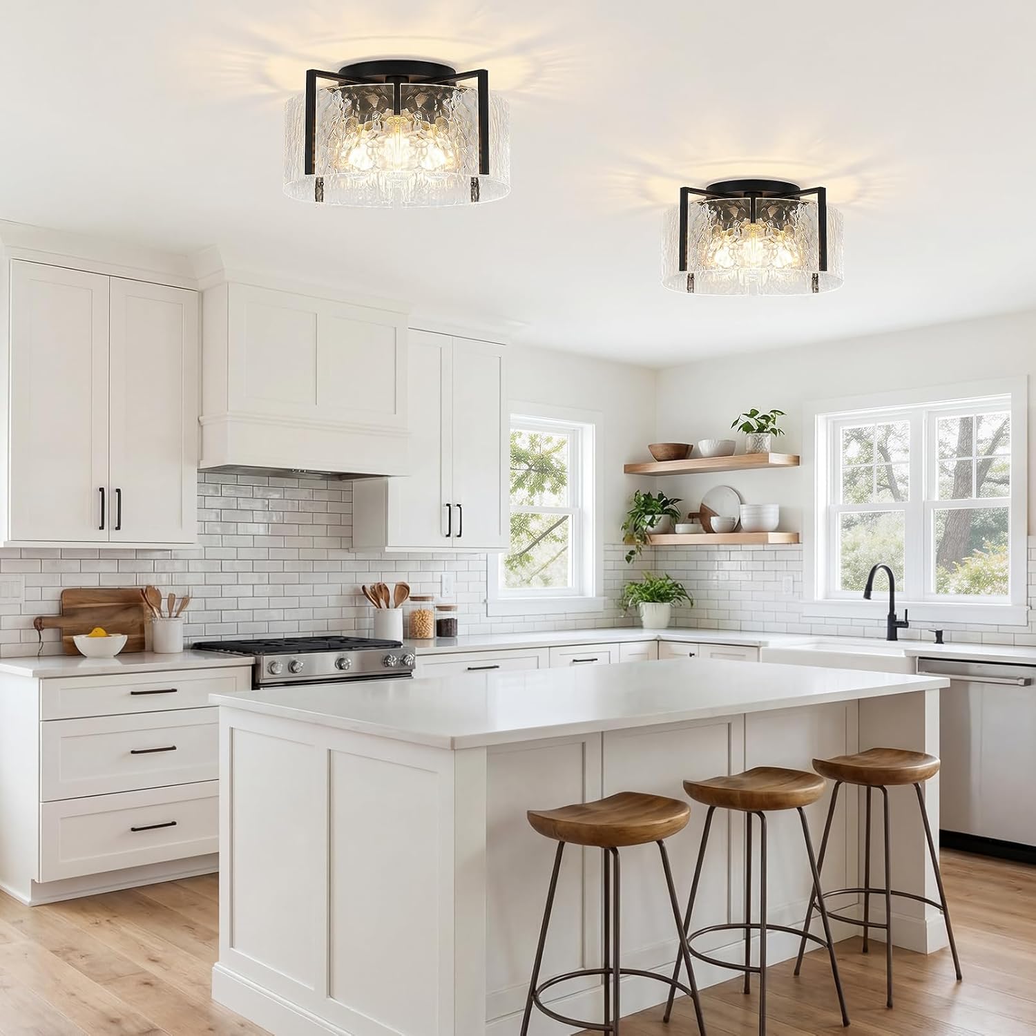 16" Black Semi-Flush Mount Ceiling Light, 4-Light Modern Hammered Glass Drum Fixture, Dimmable E26 Socket, Indoor Lighting for Bedroom Hallway Entryway Kitchen Foyer Living Room Laundry Decor