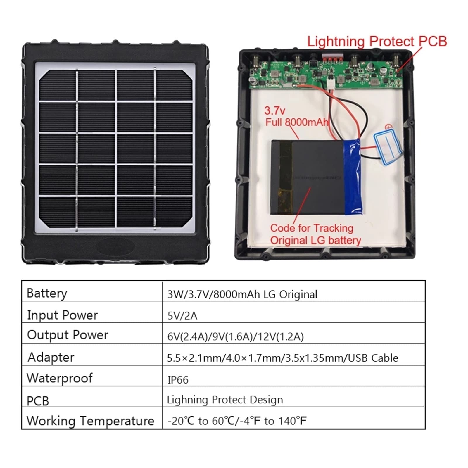 Pannello solare Pannello solare della fotocamera da 4G Trail for le fotografie Traps Batteria esterna Caricabatteria solare 8000mAh Alimentazione solare del polimero della batteria dell'alluminio 8000