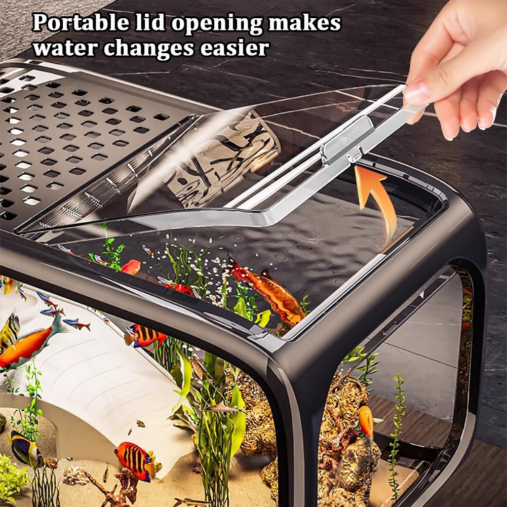 Kleines Aquarium-Set, Transparentes Kunststoff-Aquarium Mit Künstlichen Pflanzendekorationen Und Klettergerüst, Ultraklares, Gerahmtes Tisch-Aquarium.