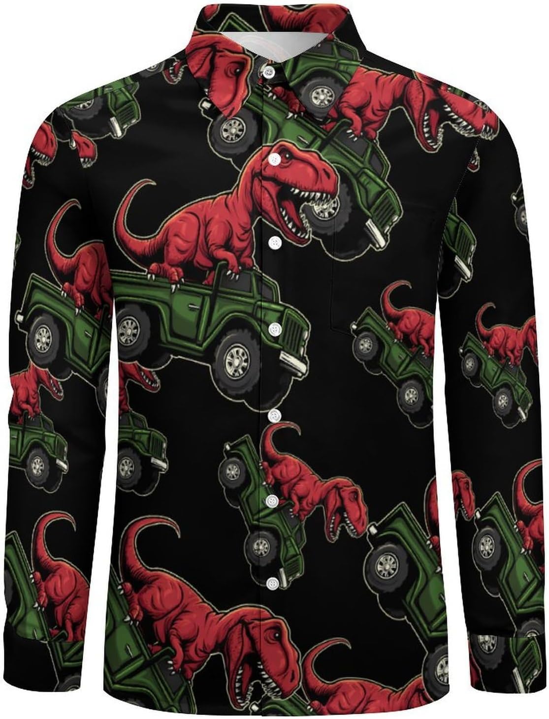 Dinosaur Truck Long Sleeve Shirts Casual Dress Shirt Button-down T-shirts for Men