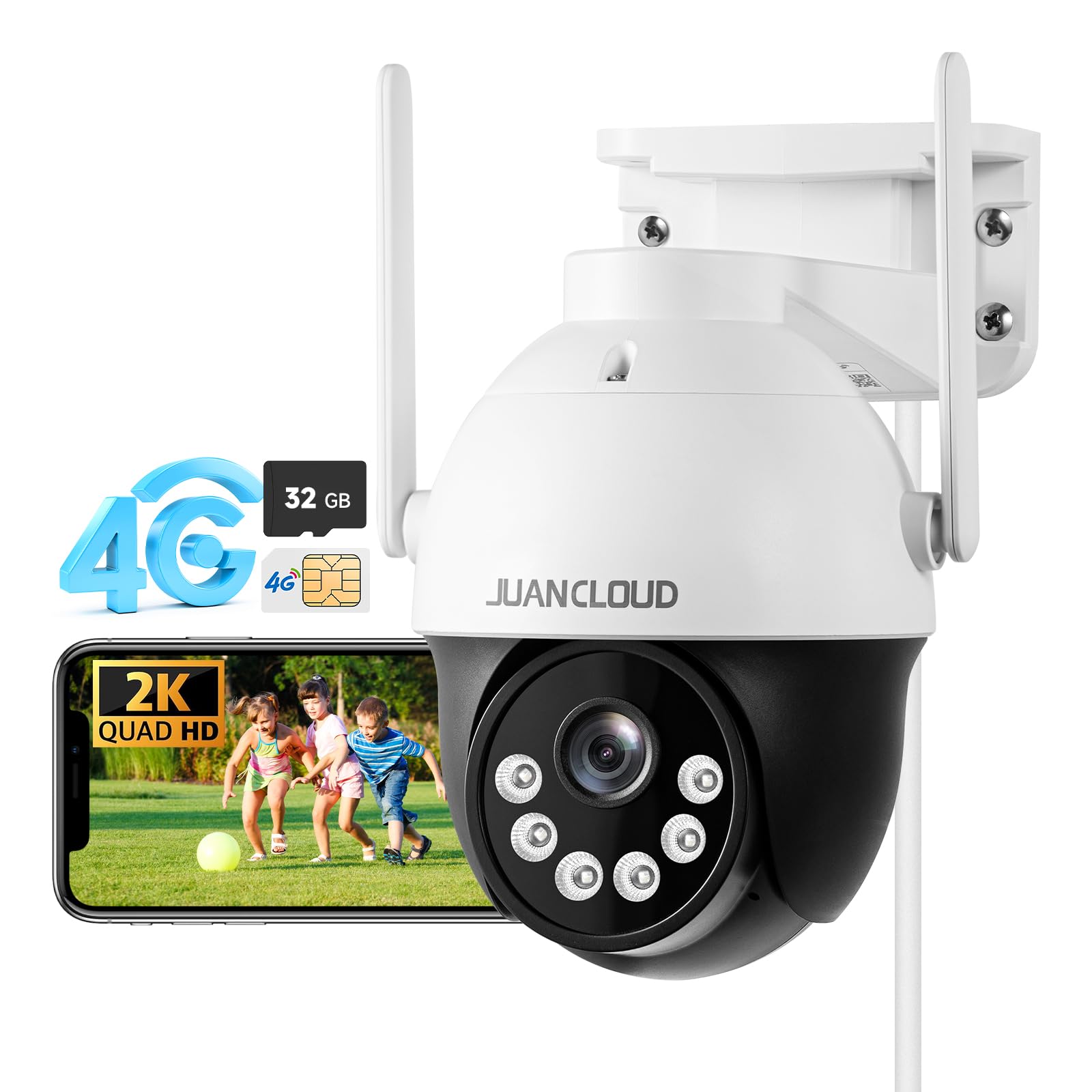 4G LTE Cellular Outdoor Security Camera 2K, No WiFi Needed, 360° Live View, Color Night Vision, PIR Motion Detection, Siren Alert & 2-Way Audio with 32GB SD & SIM Card