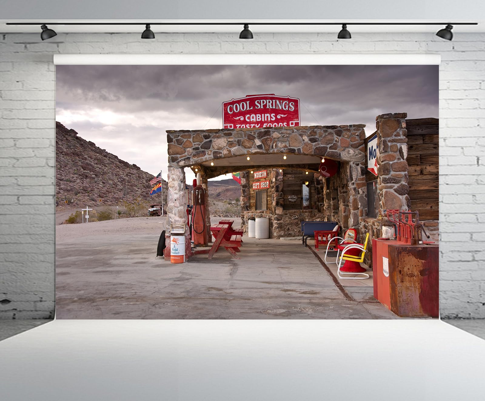 CHNYWORK 7x5ft Retro Gas Station Backdrop USA Wally's Service Station Gas Pumps America Flag Flower Highway Vintage Store Background Birthday Wedding Party Decor Studio Photo Booth Props Wallpaper