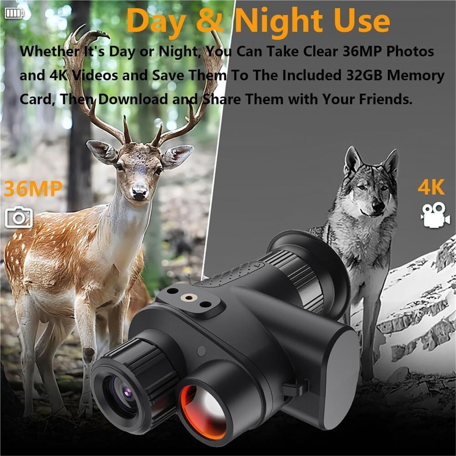 Gafas de visión Nocturna 4K montadas en la Cabeza, monocular infrarrojo con Zoom 8X, batería de 2200 mAh, Tarjeta de 32 GB, Rango de visión de 300 m for Acampar, vigilancia, Caza