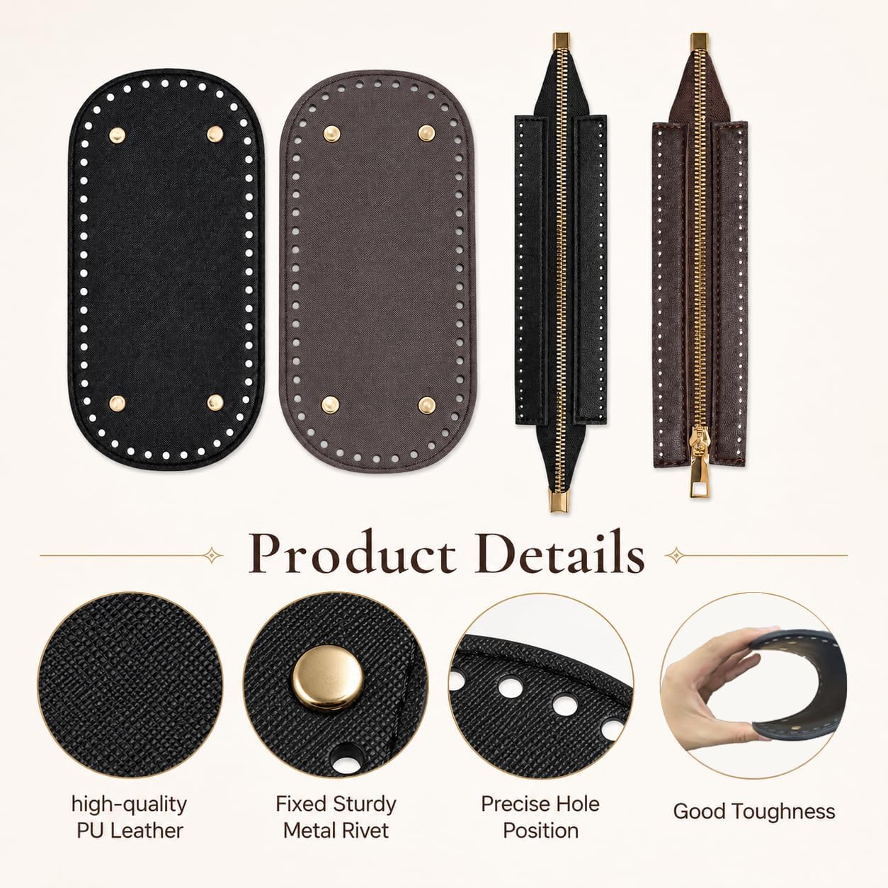 ZJO 8 PCS Crochet Bag Making Kit, PU Leather Bag Bases, Perforated Zippers and D-Shape Resin Handles for DIY Purse Handbag Crafts and Handmade Gift Makers