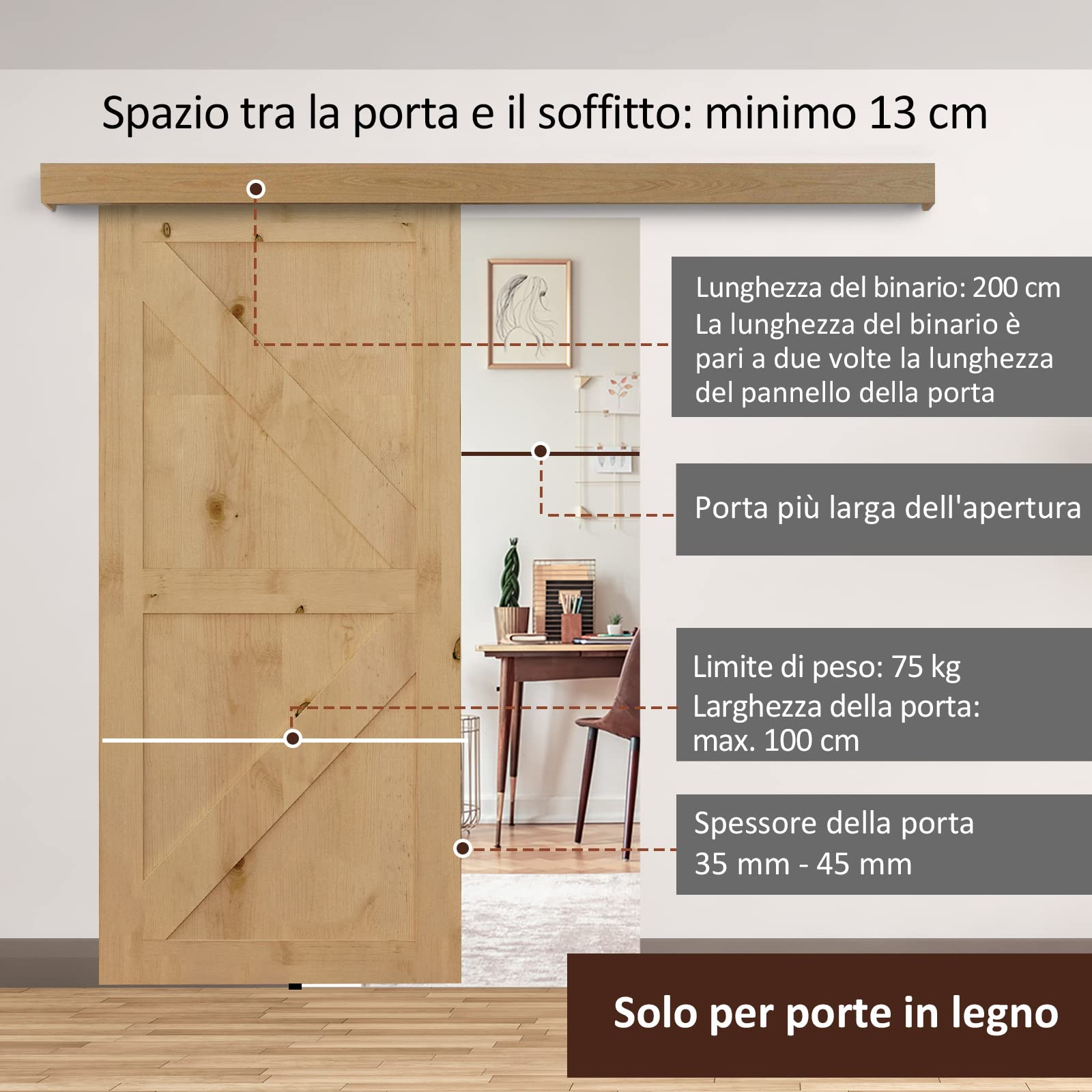 HOMCOM 200CM/6.6FT Binario con Kit di Accessori per Porte Scorrevoli in Stile Rustico in Legno