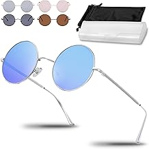 Netrox® Round Sunglasses in Retro Style, UV400 Protection Lenses, Unisex Glasses Including Case and Microfibre Bag, Vintage 70s Metal Frame with Mirrored Glass