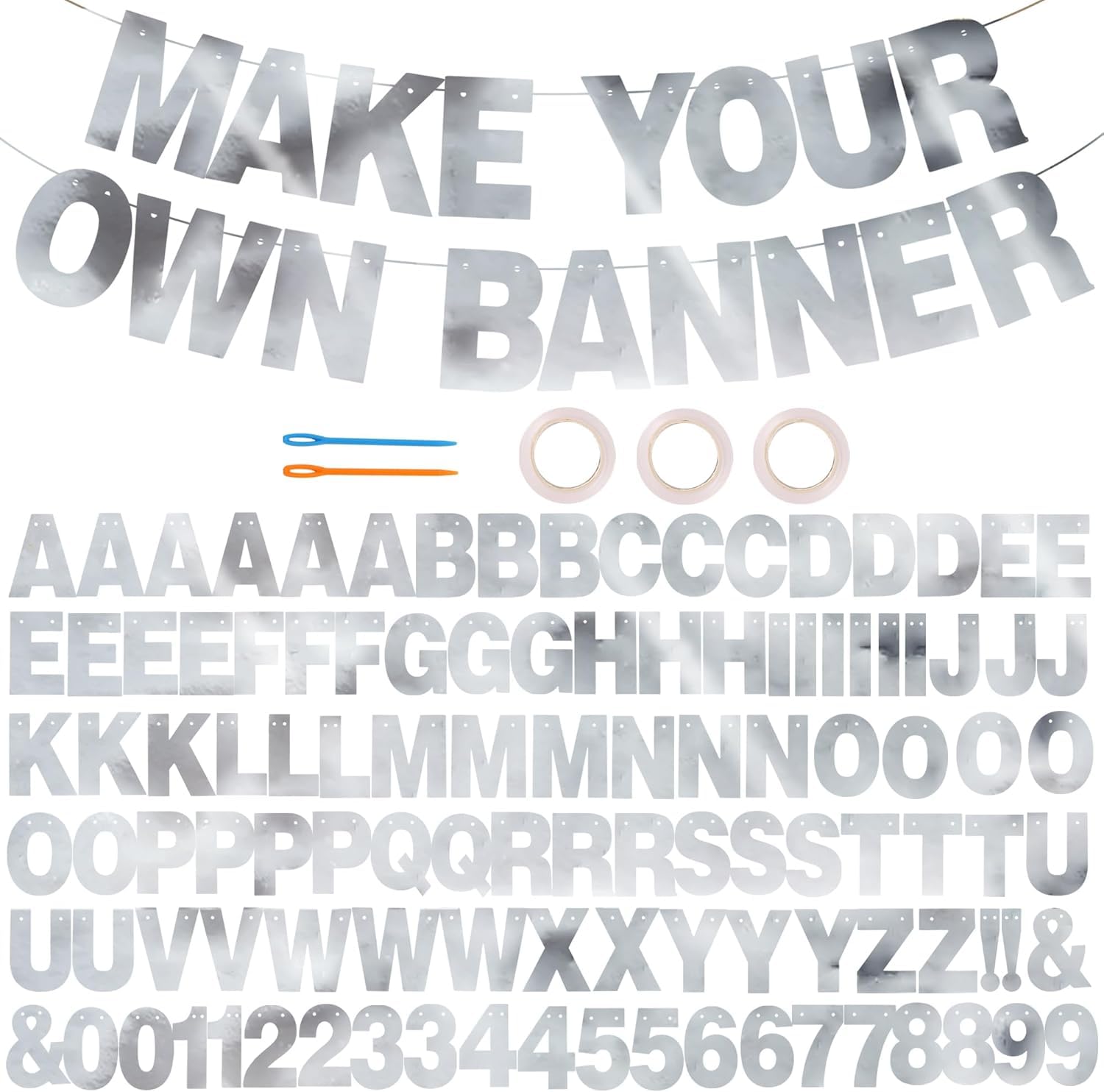 DecoGlee 116 PCS A-Z Glitter DIY Letter Banner Kit Make Your Own Banner，Including 111 Letters and Numbers 3 Rope and 2 Threading Device,Customized for Birthday Graduation Wedding Double-sided Silver
