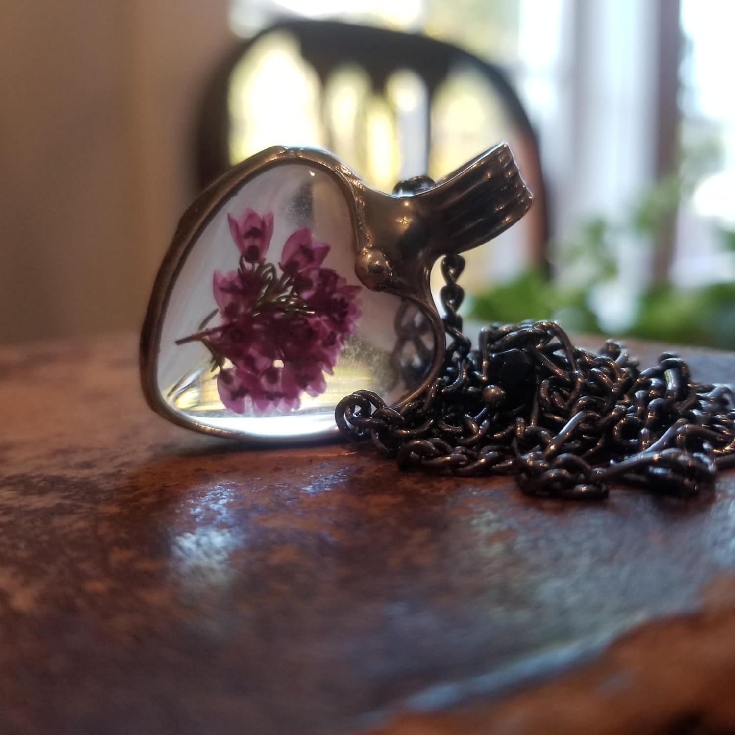 Handmade Pink Heather Heart Pendant Necklace for Women, Real Scottish Heather Pressed Flower Jewelry, Love Gift for Wife or Girlfriend