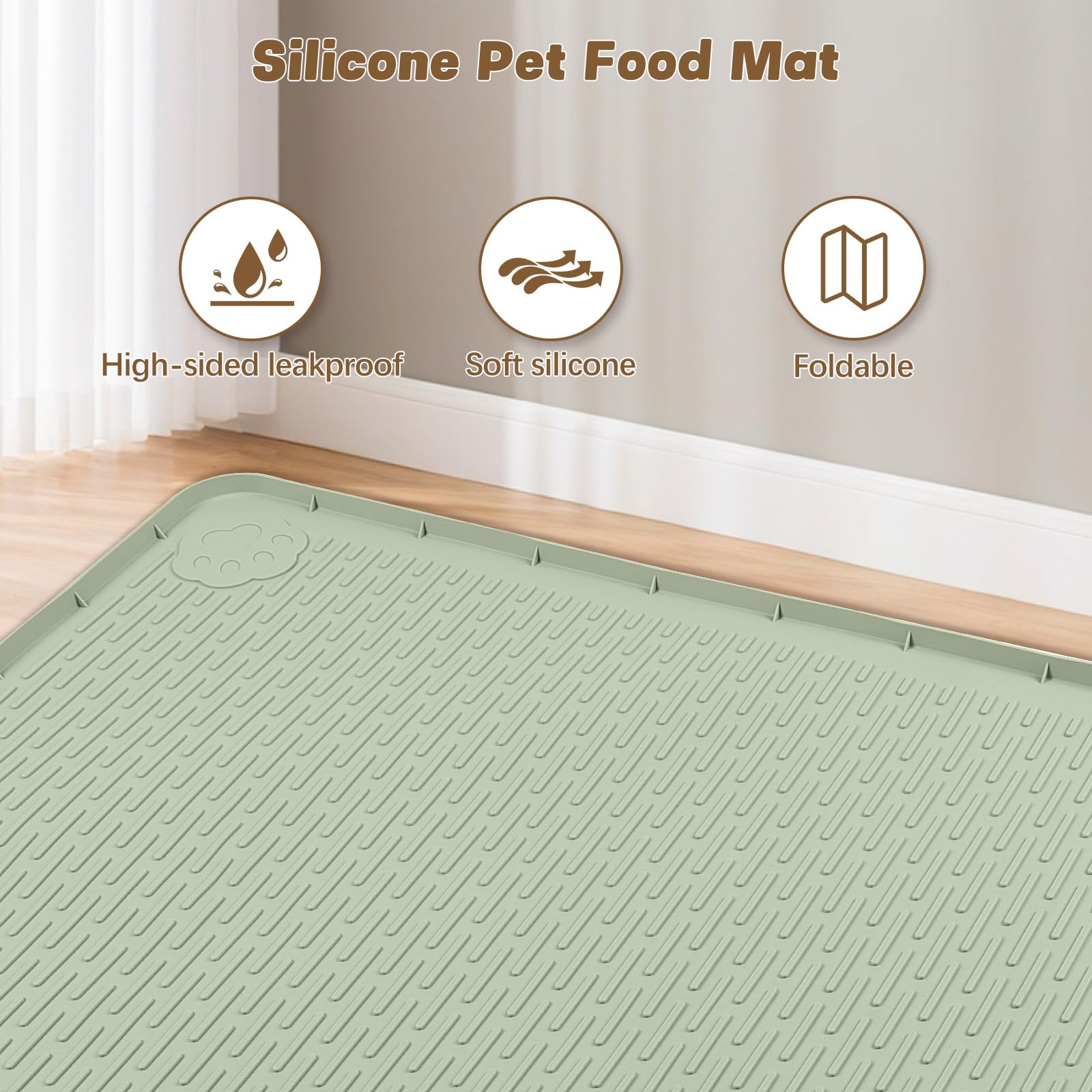 Extra große Silikon Katzenfuttermatte, 178x114cm Futtermatte für Haustiere mit erhöhtem Rand, Platzdeckchen für Futter- und Wassernäpfe, rutschfest, leicht zu reinigen (Grün)