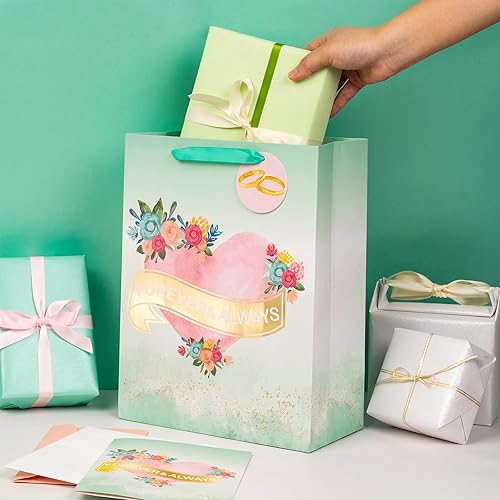 Miniatura 3 de MAYPLUSS Bolsa de regalo de boda grande de 13 pulgadas con tarjeta de felicitación y papel de seda para bodaaniversario - Forever & Always