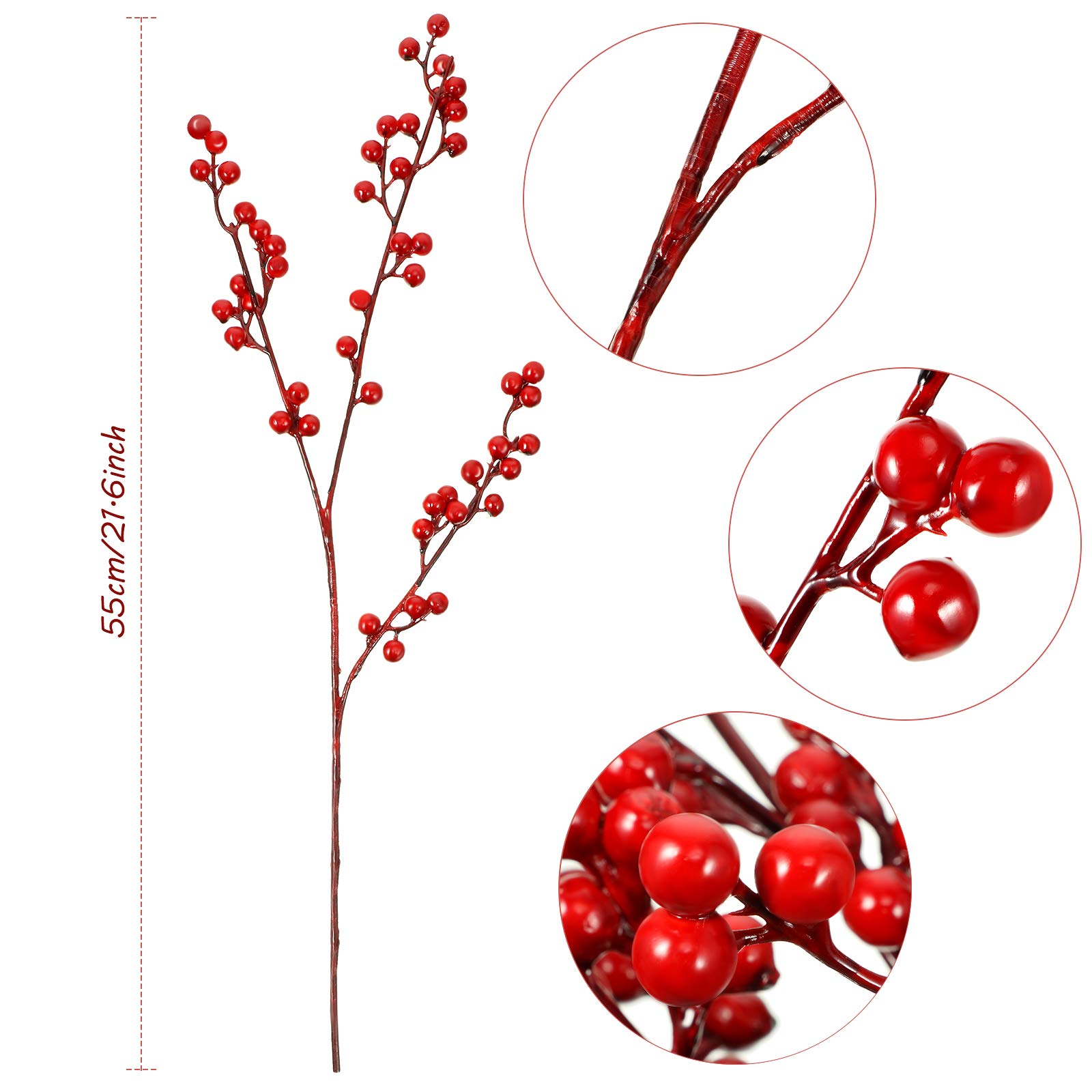 WILLBOND Künstliche rote Beeren Stiele 55,9 cm Weihnachten rote Beeren Stechpalmenbeerenzweige für Weihnachtsbaum Neujahr Dekor DIY Handwerk (einfacher Stil, 16 Stück)