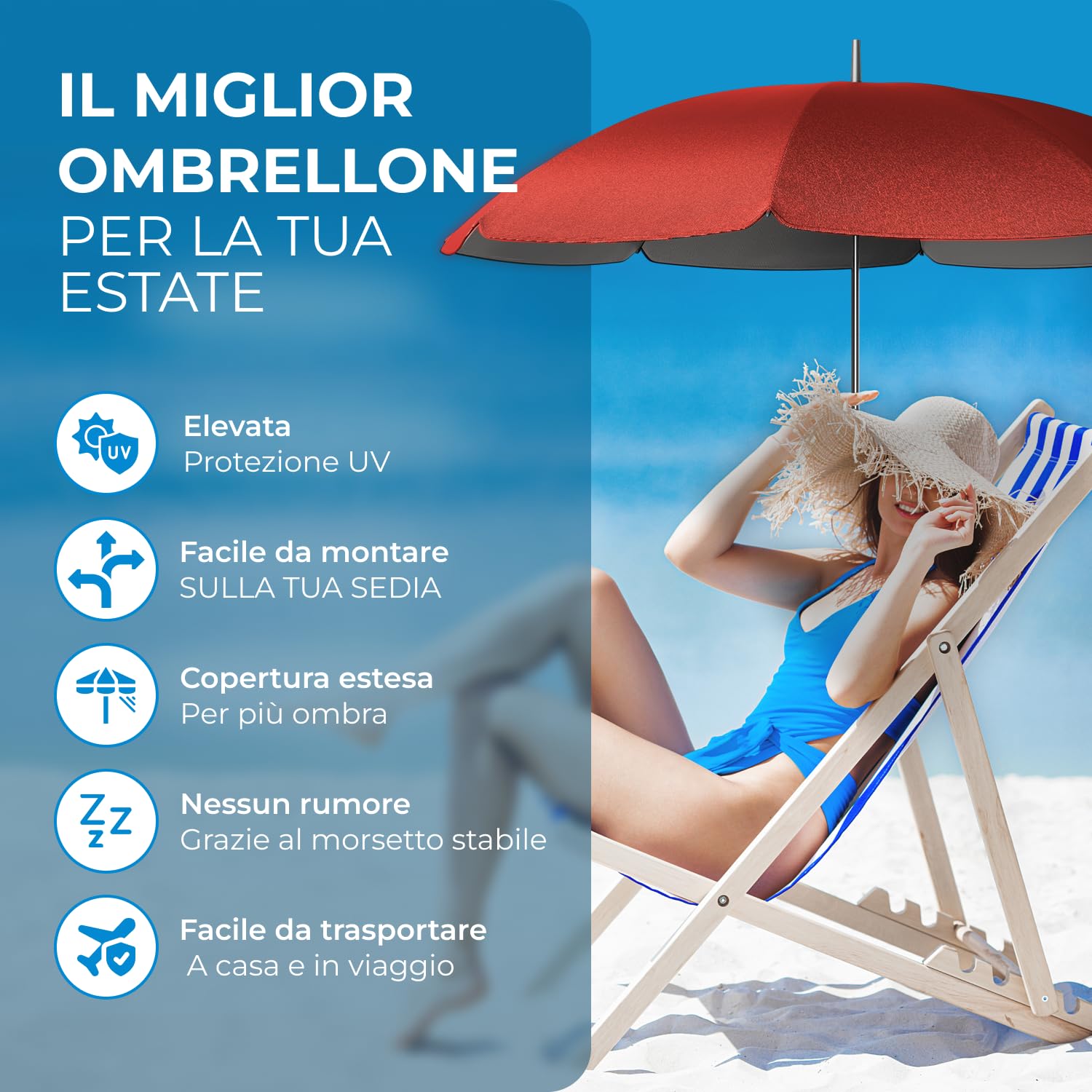 STYNGARD SAN FRANCISCO Ombrellino Parasole per Sdraio, Sedia da Campeggio e Balcone I Ombrellone con Morsetto Universale, Protezione UV 50+, Cupola 120 cm con Sporgenza, Regolabile a 360°