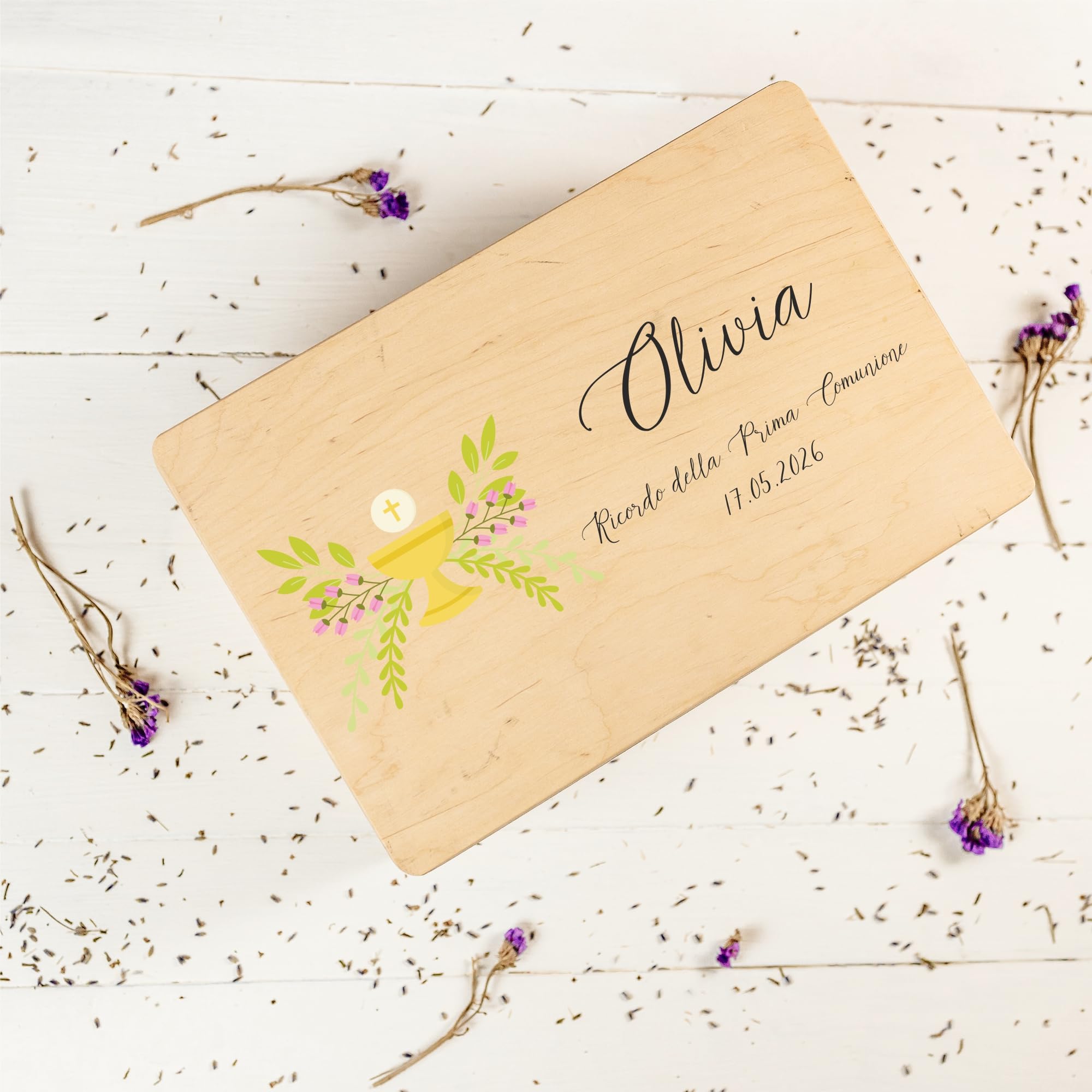 Creative Deco Prima Comunione Scatola di Regalo Personalizzato | Scatola della Memoria in Legno per Bambino/Bambina | Personalizzata - Calice Giallo | Incisione | per Ragazzo e Ragazza