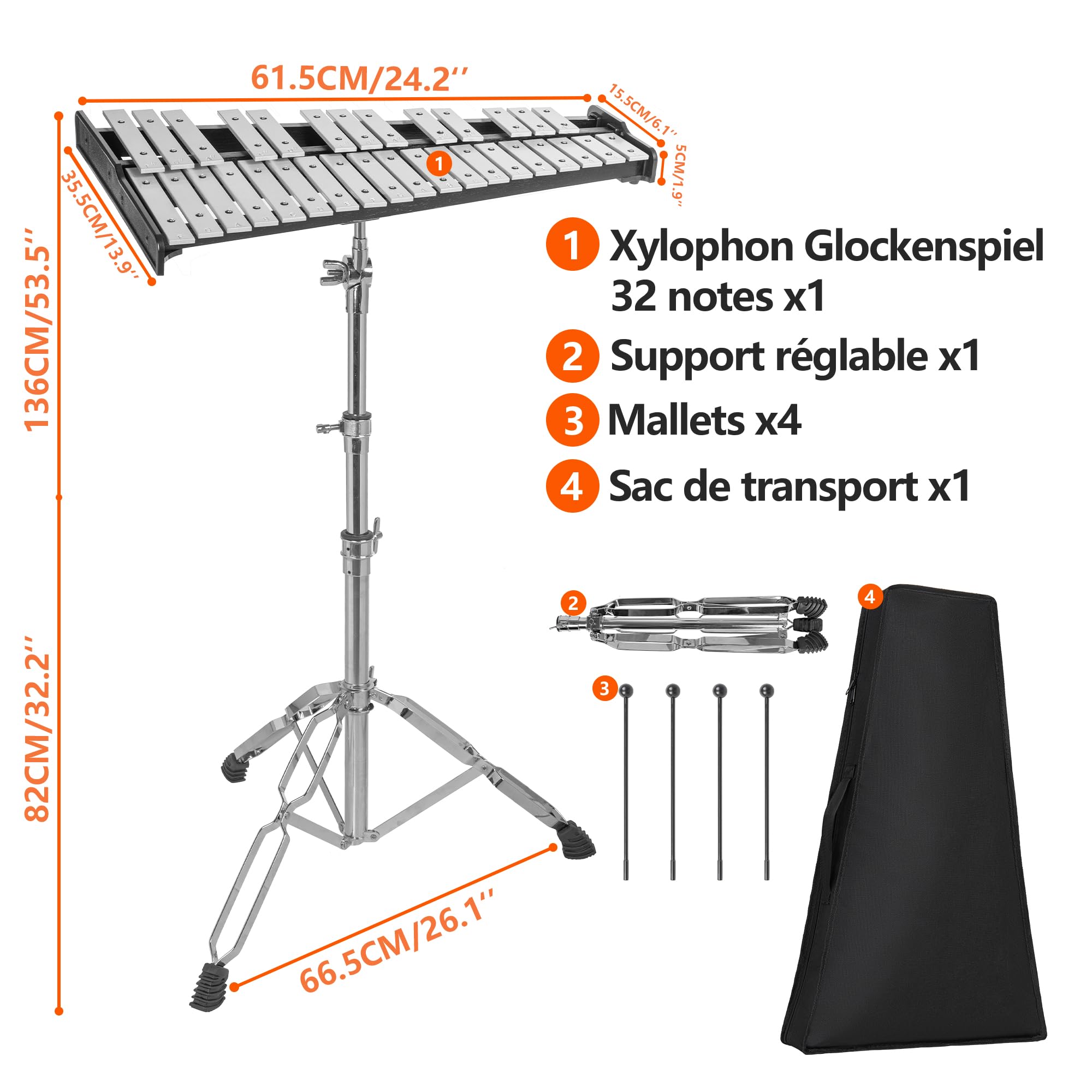 OUUTMEE Xylophone Glockenspiel à 32 Notes Pliable avec support Réglable en Hauteur, Glockenspiel avec 4 Maillets et Un Sac de Transport pour Enfants et Adultes, Instrument de Percussion Professionnel