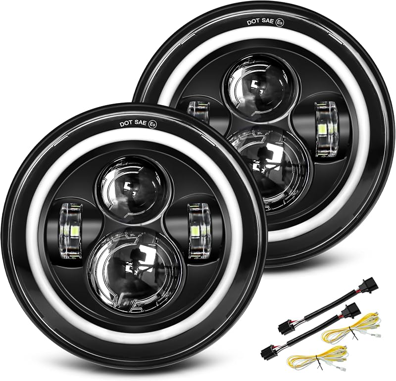 Faróis de LED redondos UNI-SHINE 7" pretos H6024 com luz alta, DRL e seta – Par