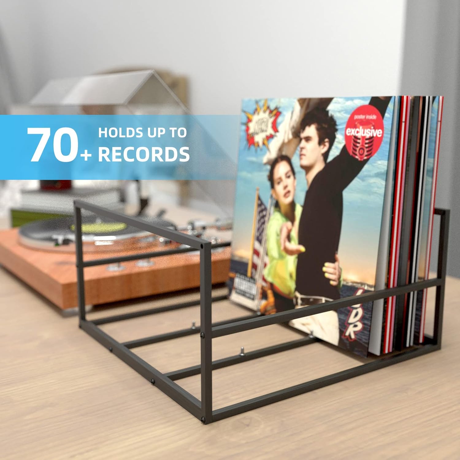 Vinyl Record Storage Black Metal,Vinyl Record Holder Stand Up to 70 LP Albums,Handmade Lp Albums Storage Rack